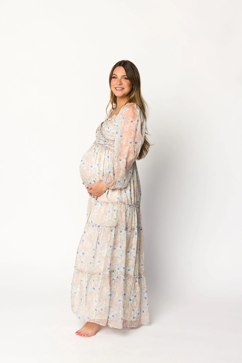 Daphne Long Sleeve Maxi Dress in Beige/Blue Floral - Bump Friendly & Inclusive Sizing (XS-3XL) - Image 3