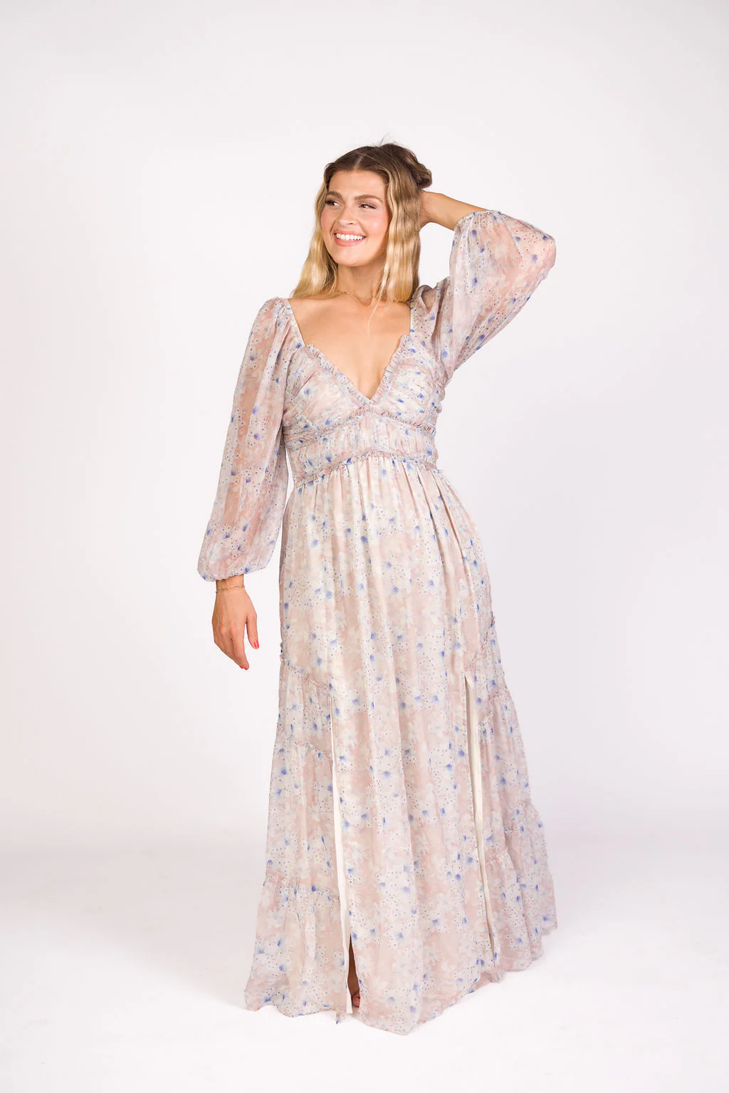 Daphne Long Sleeve Maxi Dress in Beige/Blue Floral - Bump Friendly & Inclusive Sizing (XS-3XL) - Image 4