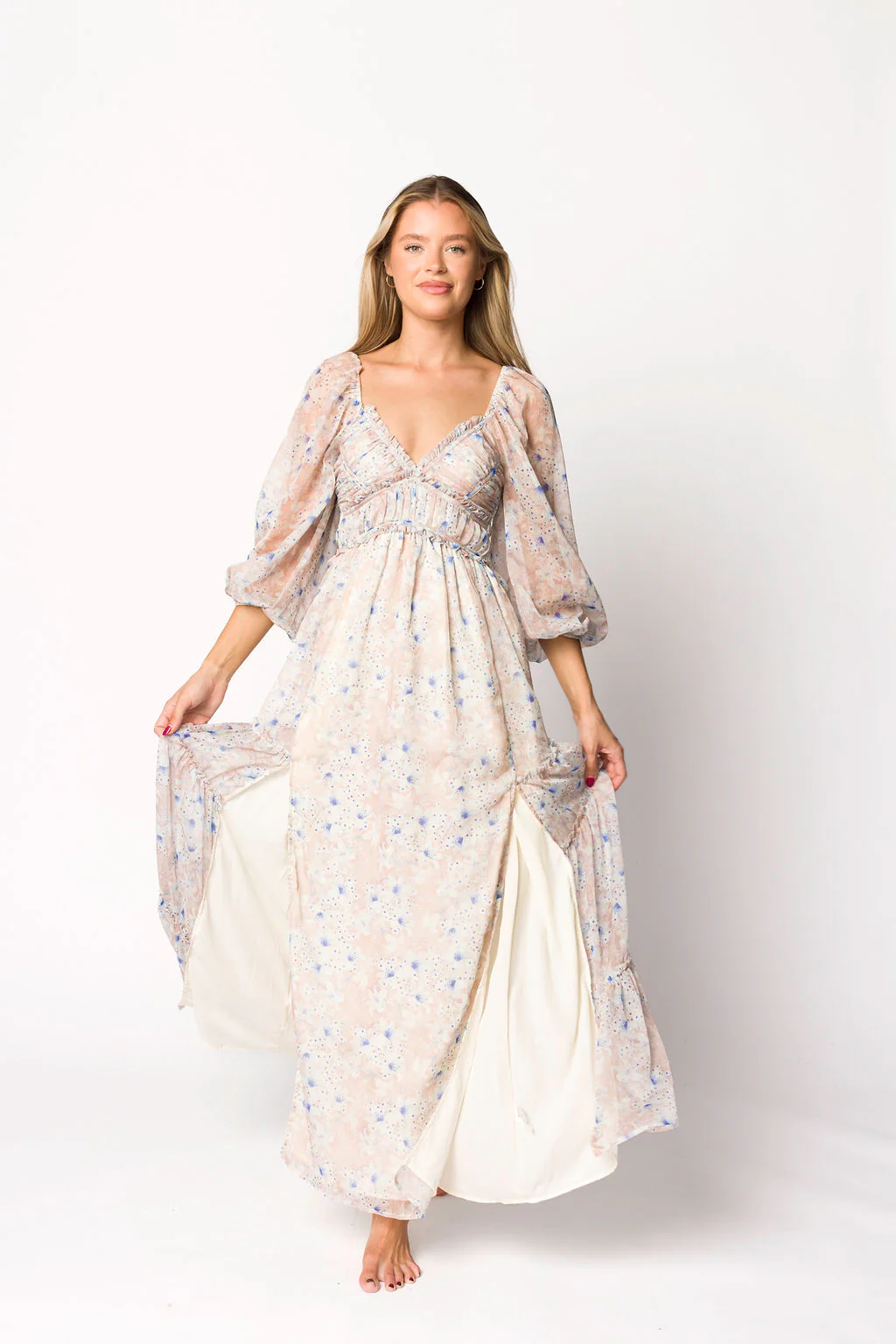 Daphne Long Sleeve Maxi Dress in Beige/Blue Floral - Bump Friendly & Inclusive Sizing (XS-3XL) - Image 6