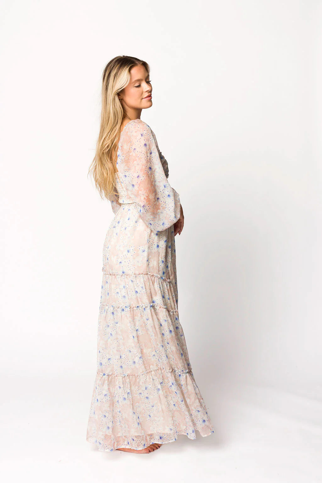 Daphne Long Sleeve Maxi Dress in Beige/Blue Floral - Bump Friendly & Inclusive Sizing (XS-3XL) - Image 7