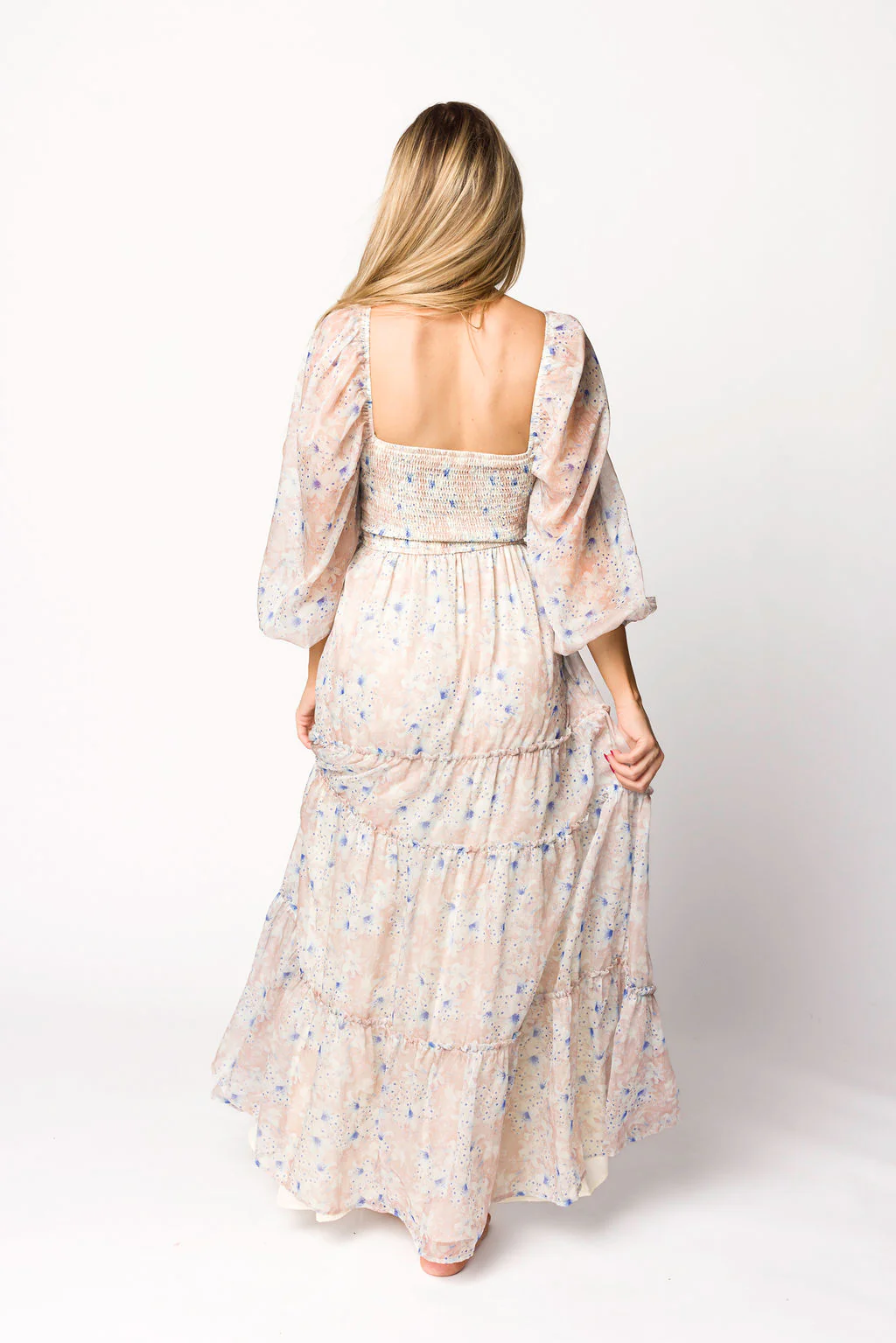 Daphne Long Sleeve Maxi Dress in Beige/Blue Floral - Bump Friendly & Inclusive Sizing (XS-3XL) - Image 8