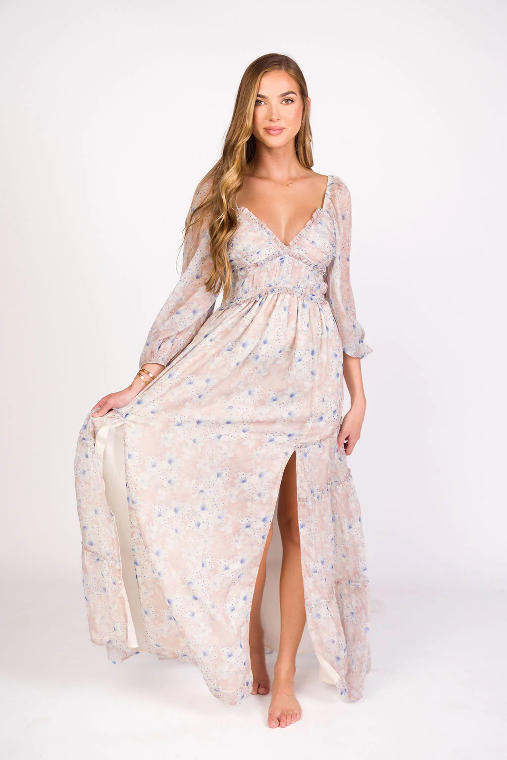 Daphne Long Sleeve Maxi Dress in Beige/Blue Floral - Bump Friendly & Inclusive Sizing (XS-3XL) - Image 9