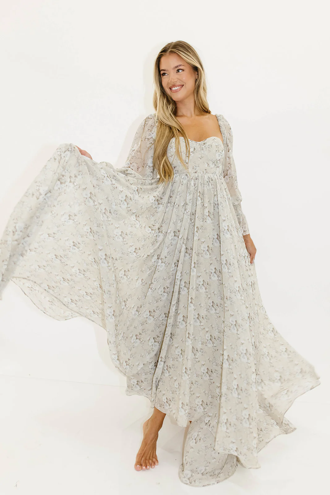 Delilah Maxi Dress with Train in Grey/Blue - Bump Friendly - Image 7