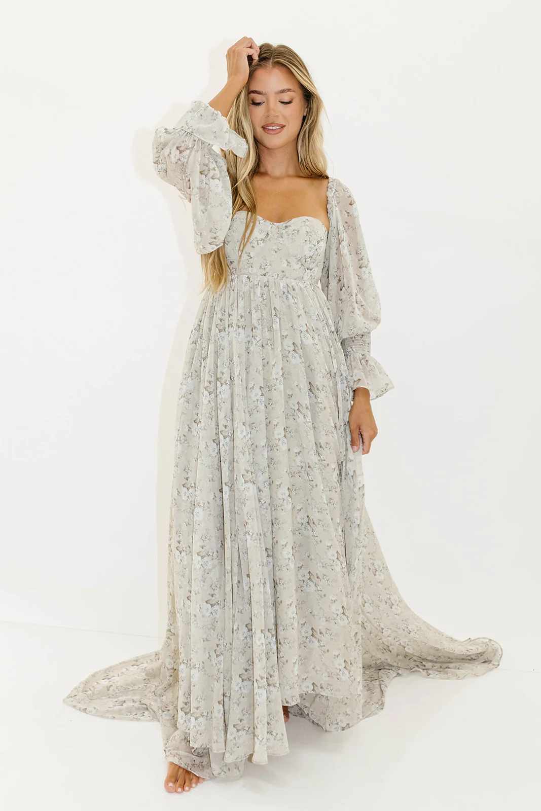 Delilah Maxi Dress with Train in Grey/Blue - Bump Friendly - Image 8