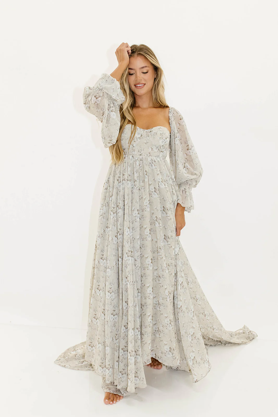 Delilah Maxi Dress with Train in Grey/Blue - Bump Friendly - Image 9