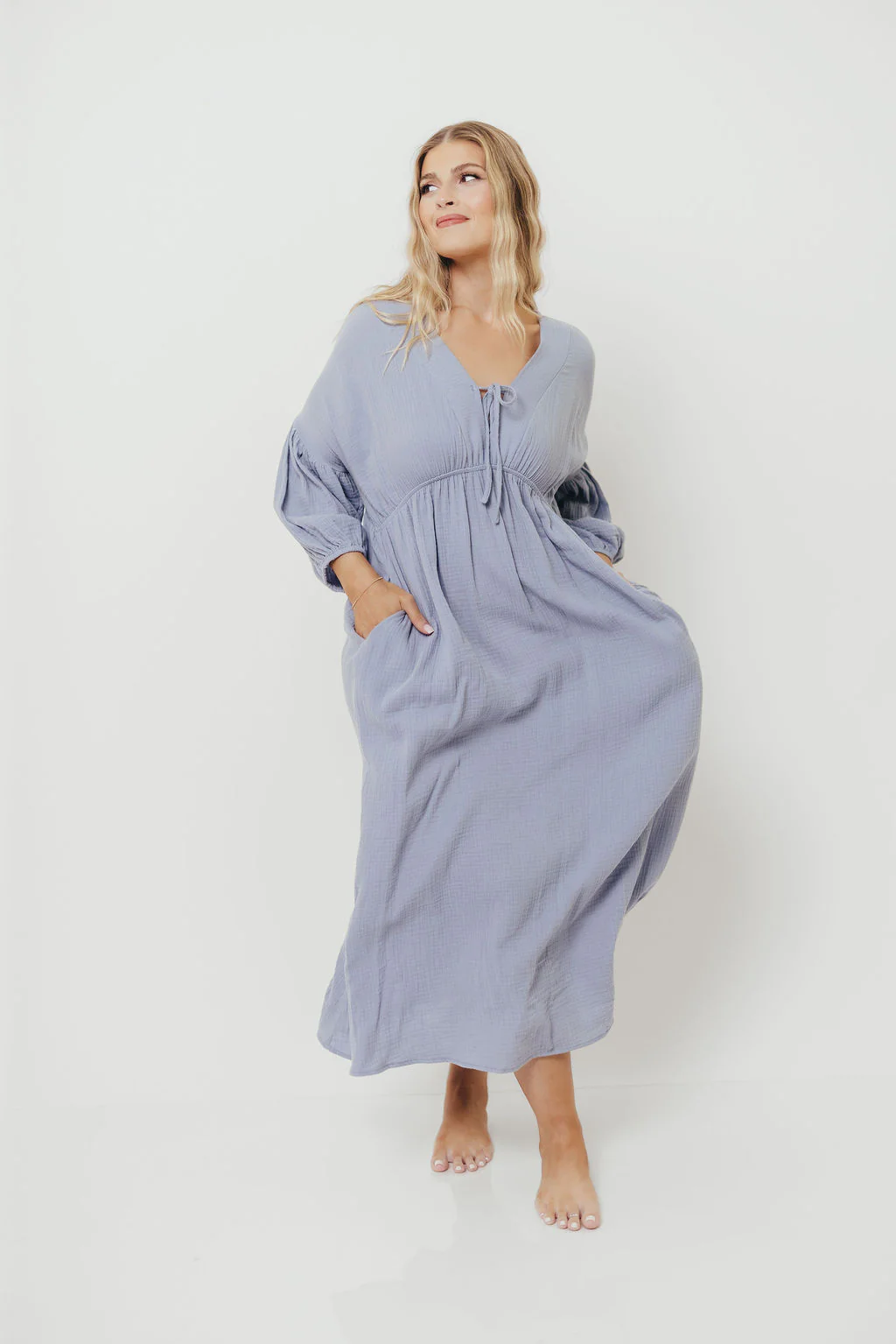 Hunter 100% Cotton Midi Dress in Blue - Bump Friendly - Image 8