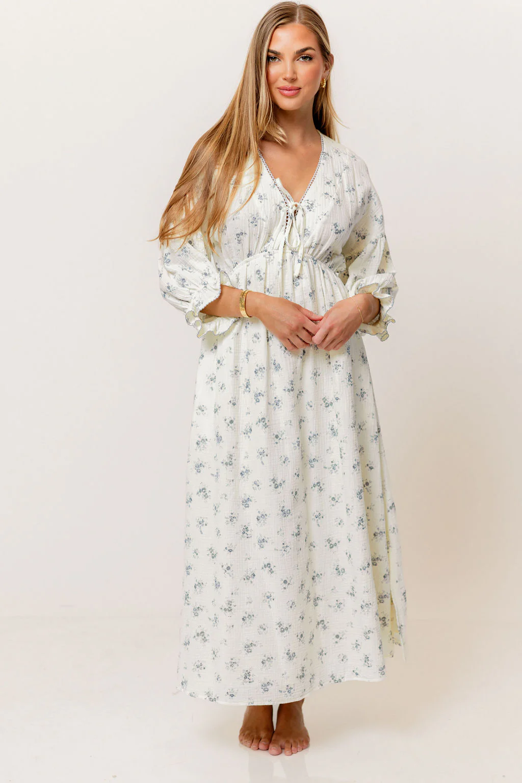 Hunter 100% Cotton Midi Dress with Eyelet Trimming in Blue Floral - Bump Friendly