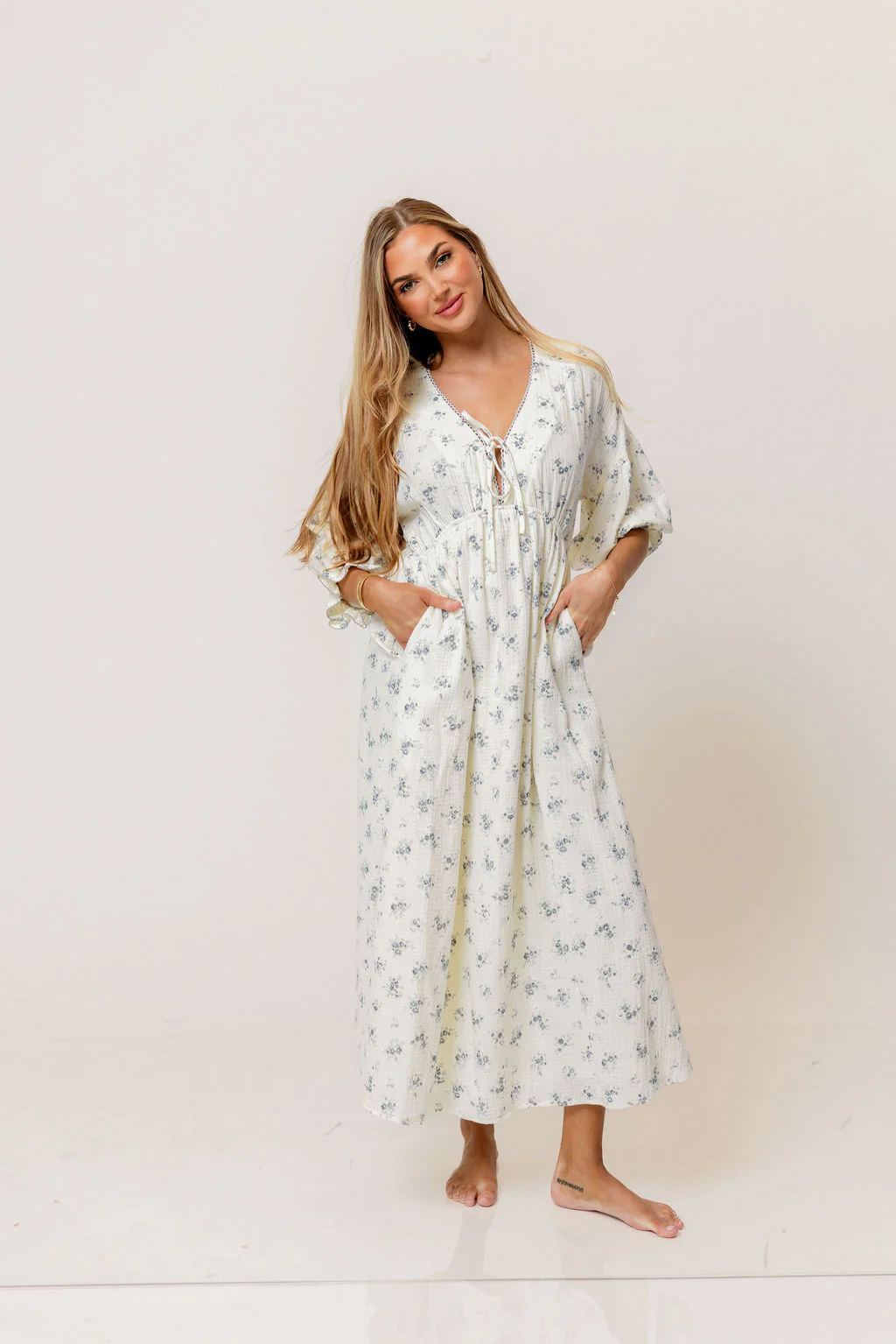 Hunter 100% Cotton Midi Dress with Eyelet Trimming in Blue Floral - Bump Friendly - Image 3