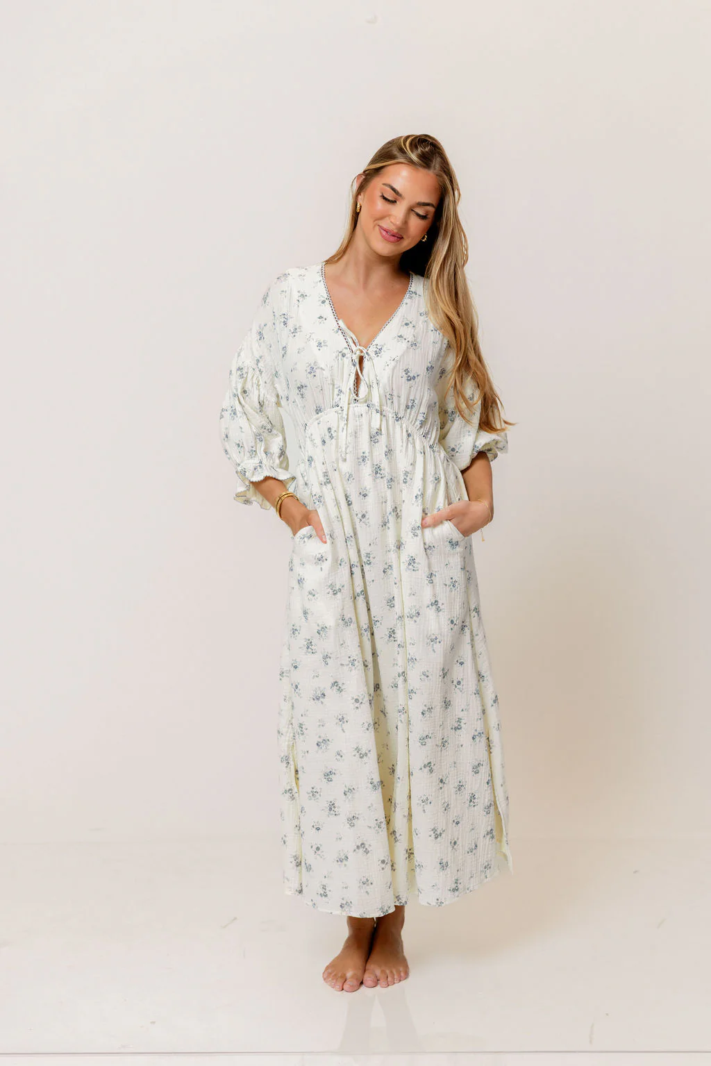 Hunter 100% Cotton Midi Dress with Eyelet Trimming in Blue Floral - Bump Friendly - Image 4