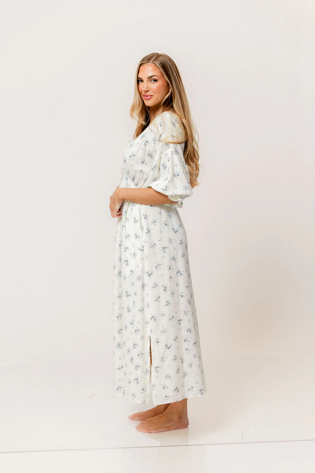 Hunter 100% Cotton Midi Dress with Eyelet Trimming in Blue Floral - Bump Friendly - Image 5