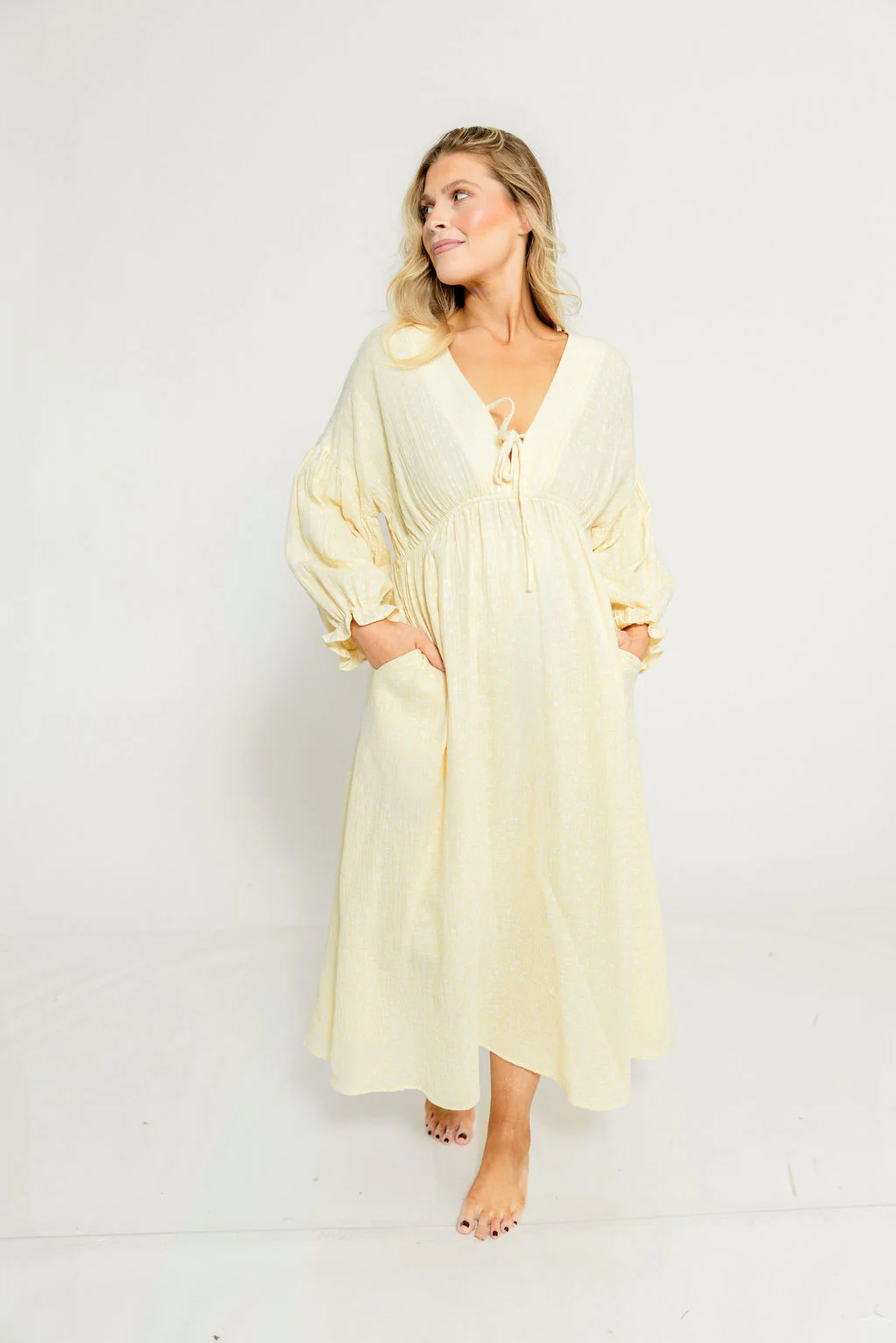 Hunter 100% Cotton Midi Dress in Custard Foliage - Bump Friendly - Image 15