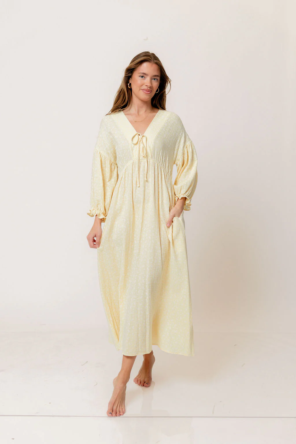 Hunter 100% Cotton Midi Dress in Custard Foliage - Bump Friendly - Image 2