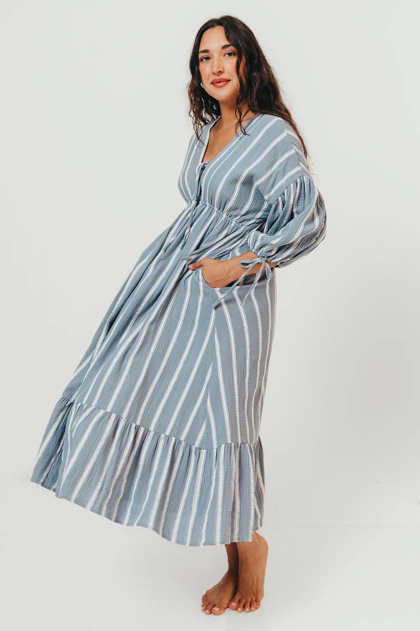 Hunter 100% Cotton Midi Dress in Dusty Blue - Bump Friendly & Inclusive Sizing - Image 3