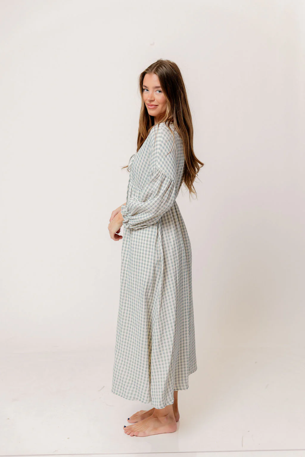 Hunter 100% Cotton Midi Dress in Light Indigo Plaid (Lined) - Bump Friendly - Image 2