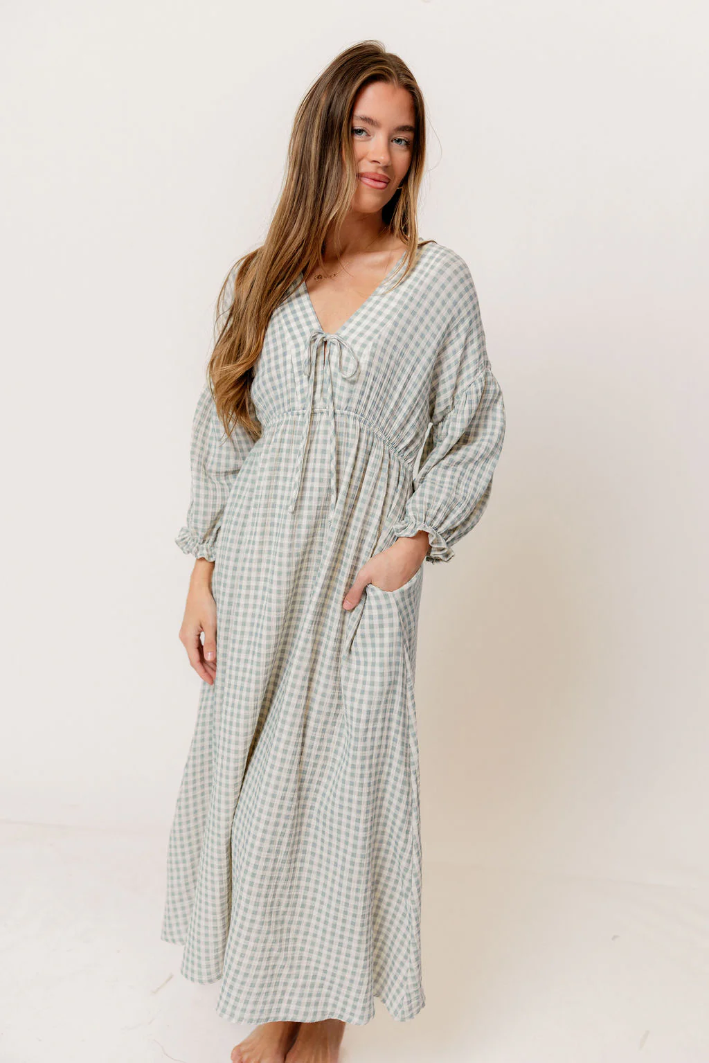 Hunter 100% Cotton Midi Dress in Light Indigo Plaid (Lined) - Bump Friendly - Image 4