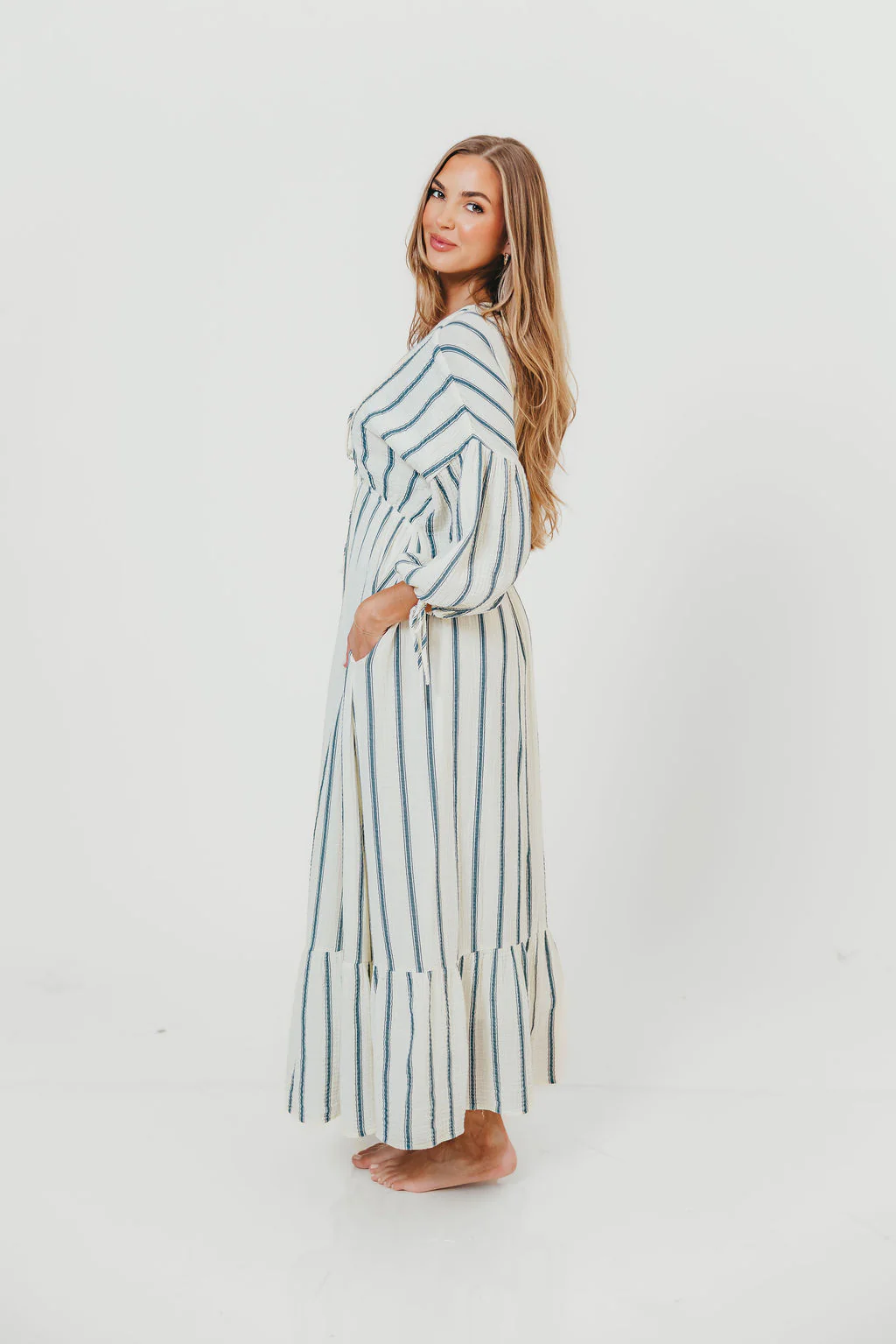 Hunter 100% Cotton Midi Dress in Navy Stripe - Bump Friendly & Inclusive Sizing - Image 2