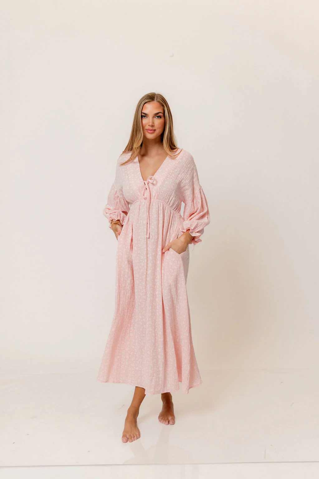 Hunter 100% Cotton Midi Dress in Pale Pink Foliage - Bump Friendly - Image 2