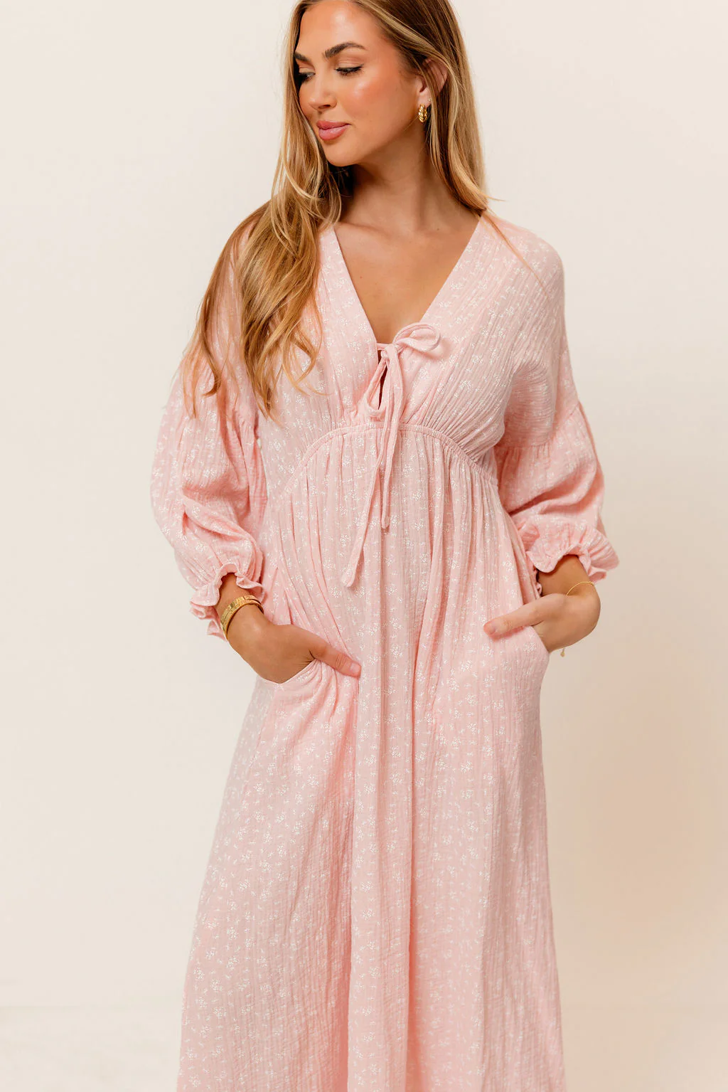 Hunter 100% Cotton Midi Dress in Pale Pink Foliage - Bump Friendly - Image 3