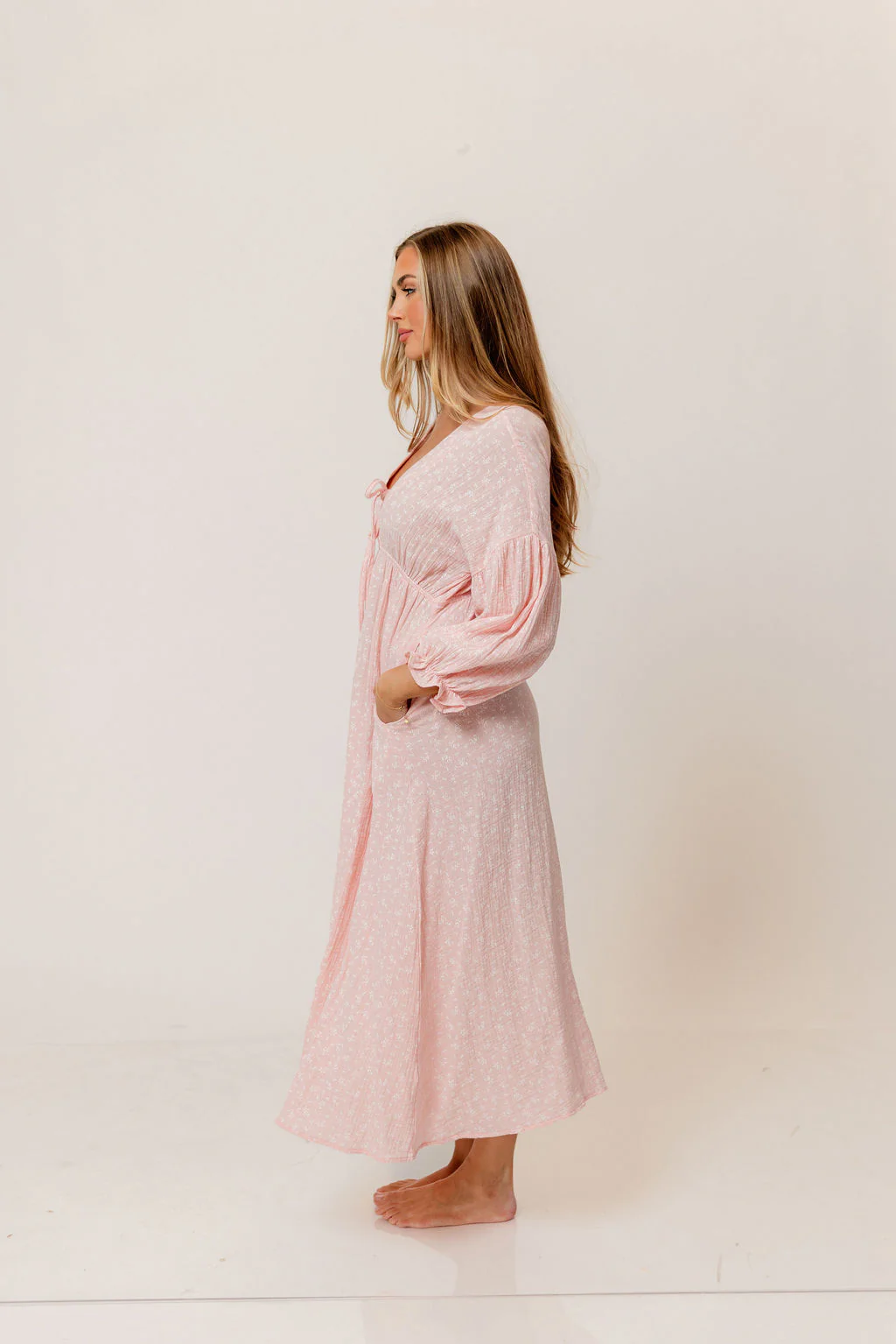 Hunter 100% Cotton Midi Dress in Pale Pink Foliage - Bump Friendly - Image 5
