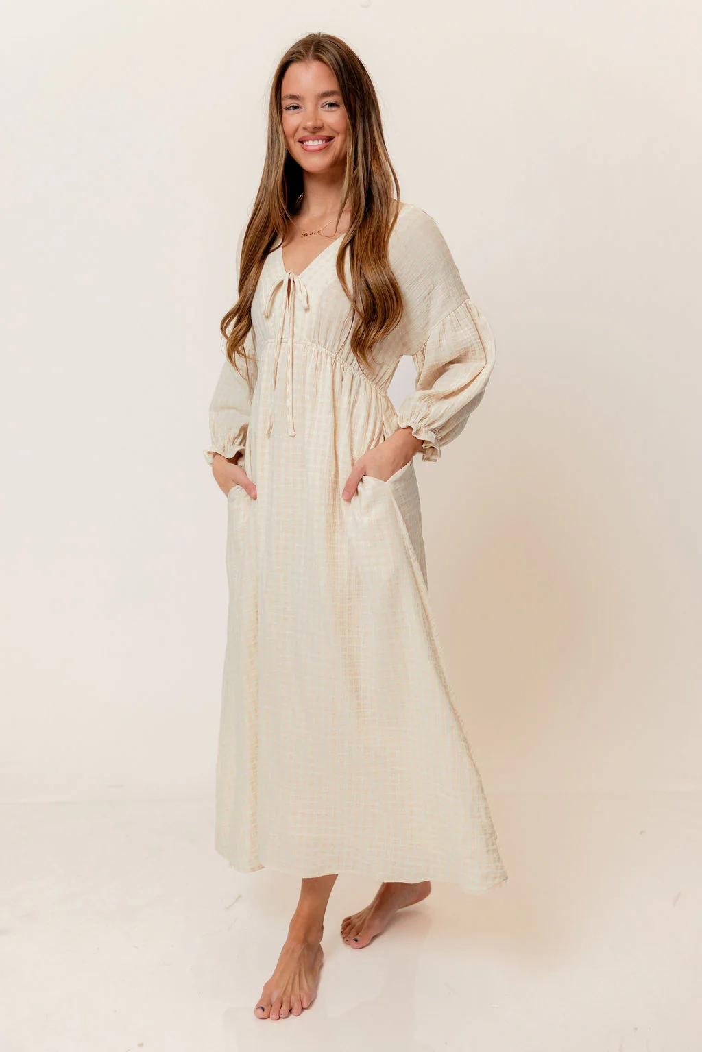 Hunter 100% Cotton Midi Dress in Pale Pink Plaid (Lined) - Bump Friendly - Image 2