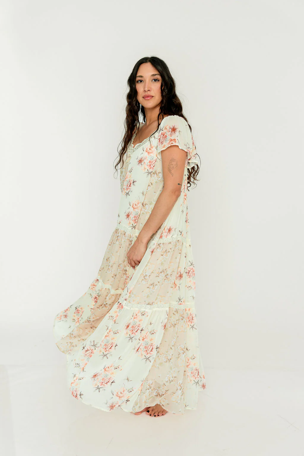Isabella Floral Lace Trim Maxi Dress in Beige Multi - Bump Friendly