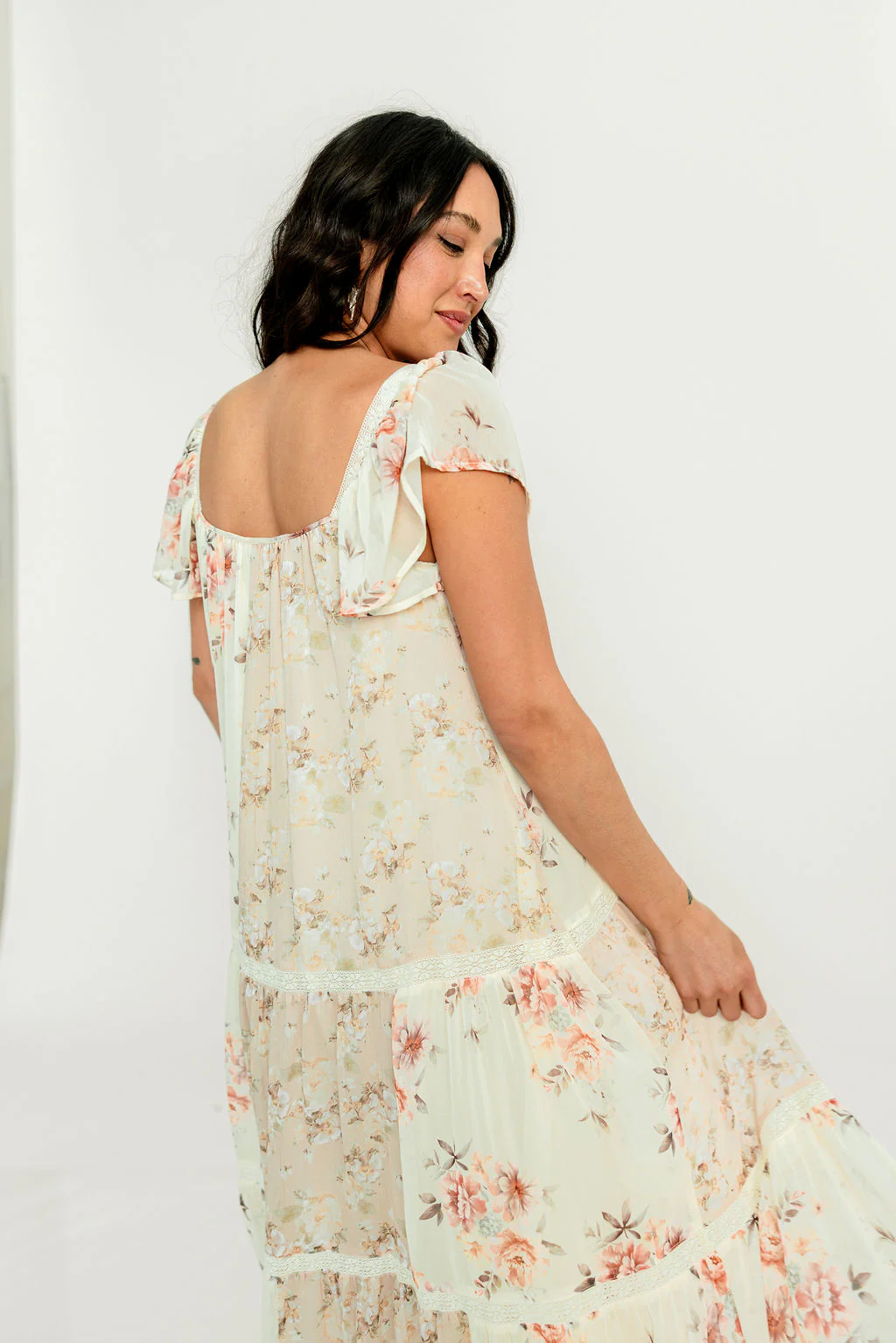 Isabella Floral Lace Trim Maxi Dress in Beige Multi - Bump Friendly - Image 10
