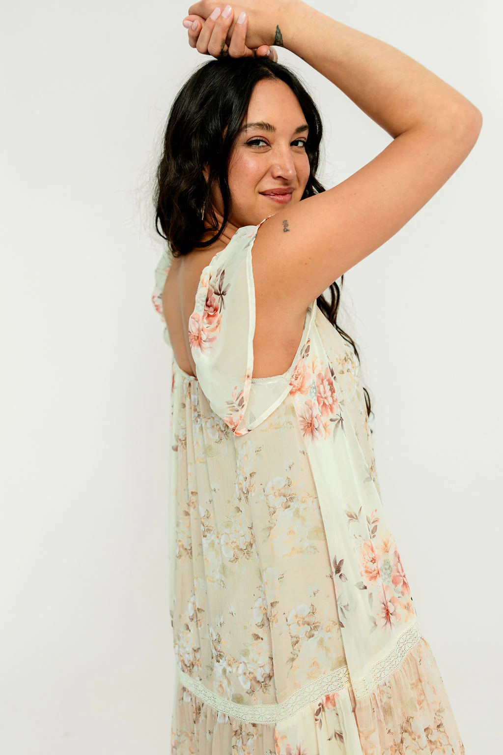Isabella Floral Lace Trim Maxi Dress in Beige Multi - Bump Friendly - Image 11