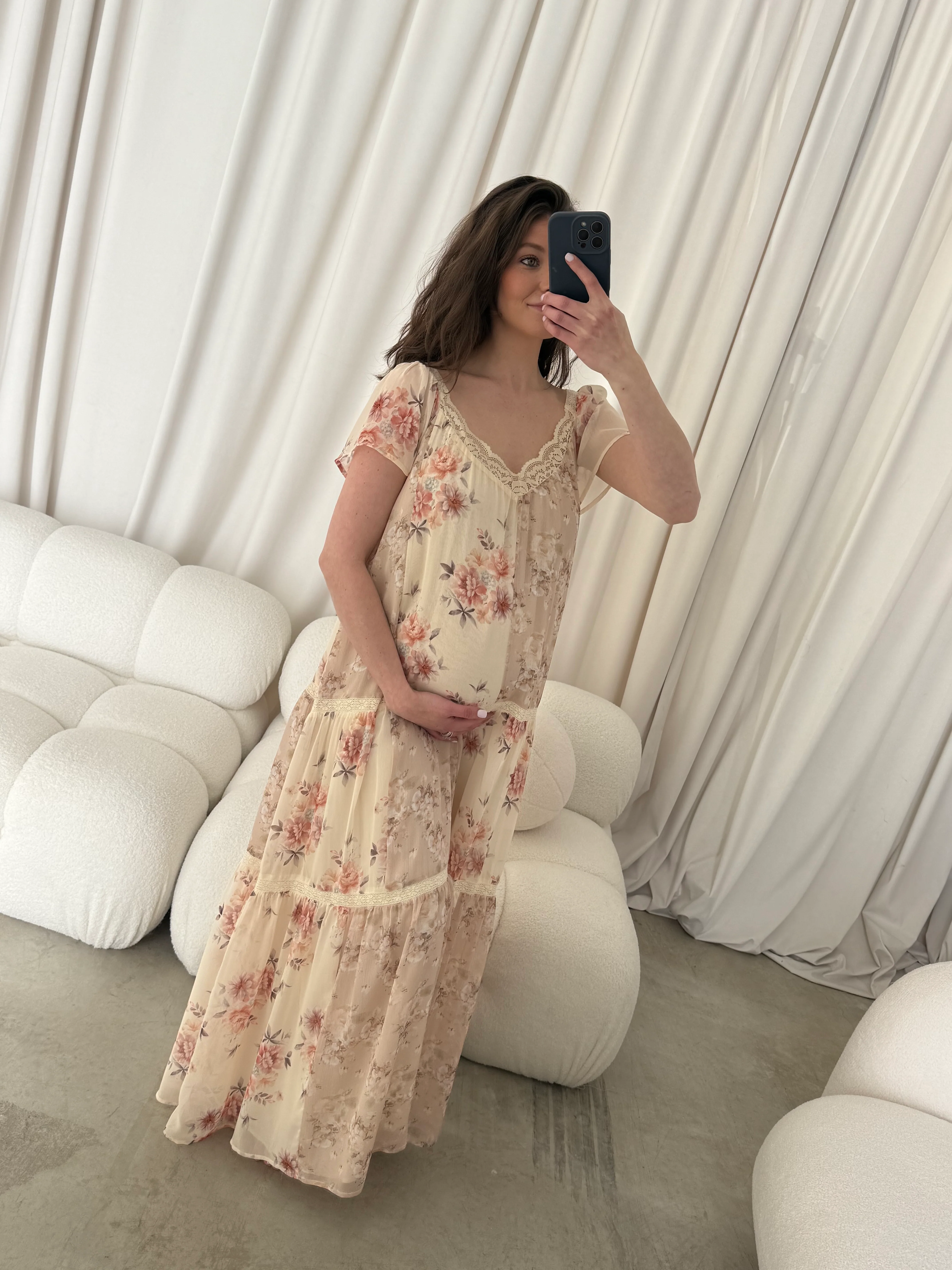 Isabella Floral Lace Trim Maxi Dress in Beige Multi - Bump Friendly - Image 13