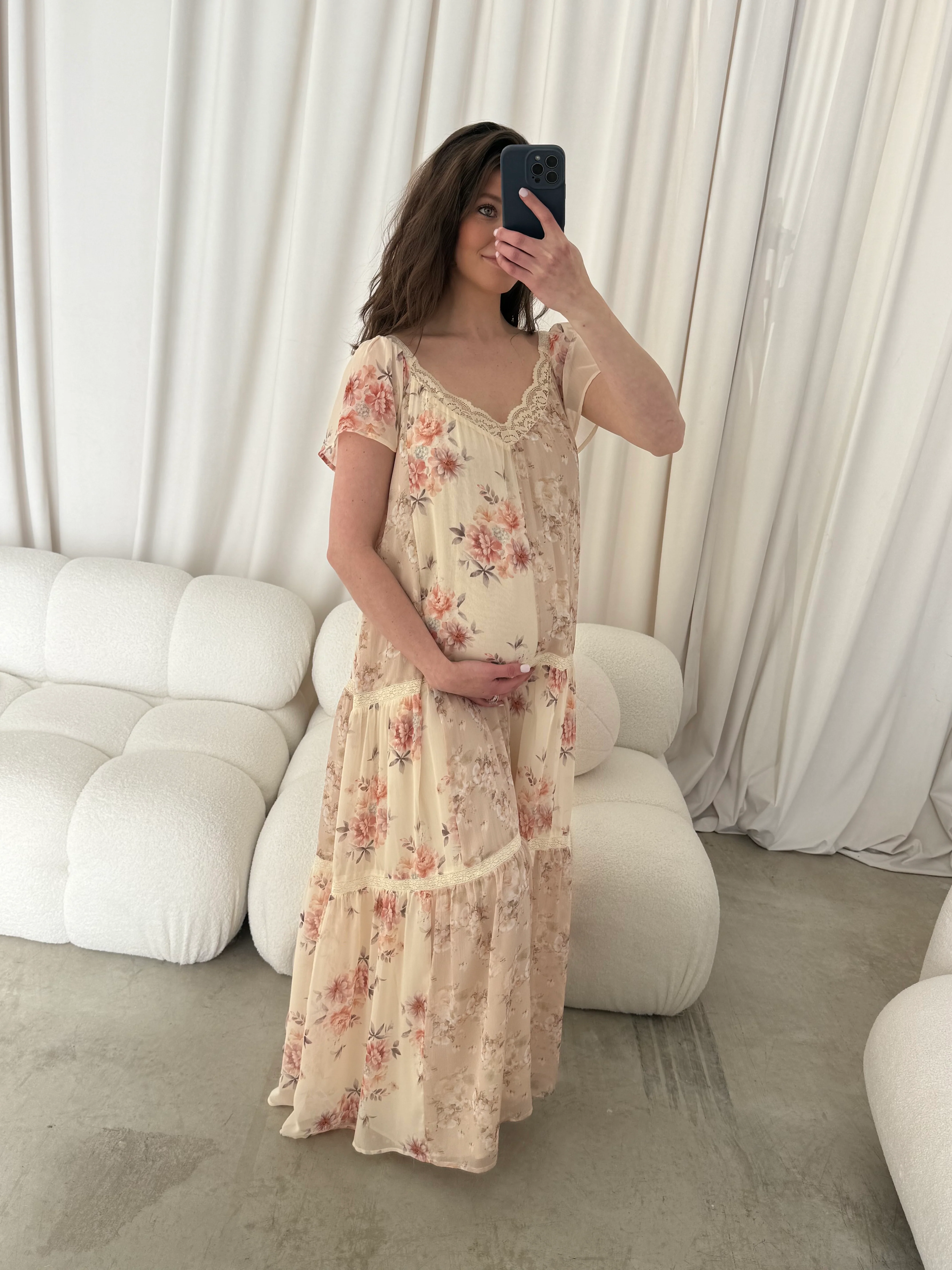 Isabella Floral Lace Trim Maxi Dress in Beige Multi - Bump Friendly - Image 14