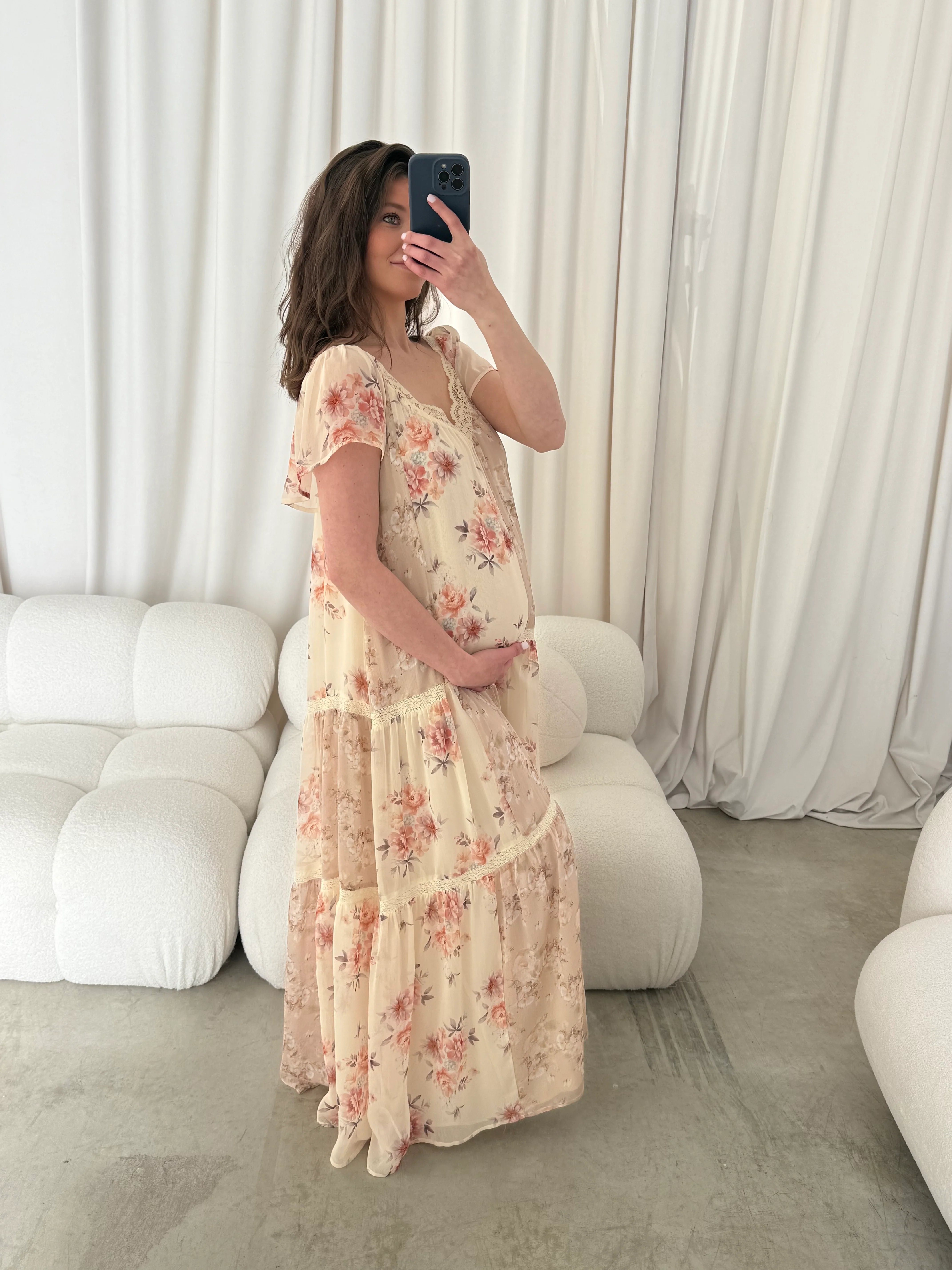 Isabella Floral Lace Trim Maxi Dress in Beige Multi - Bump Friendly - Image 15