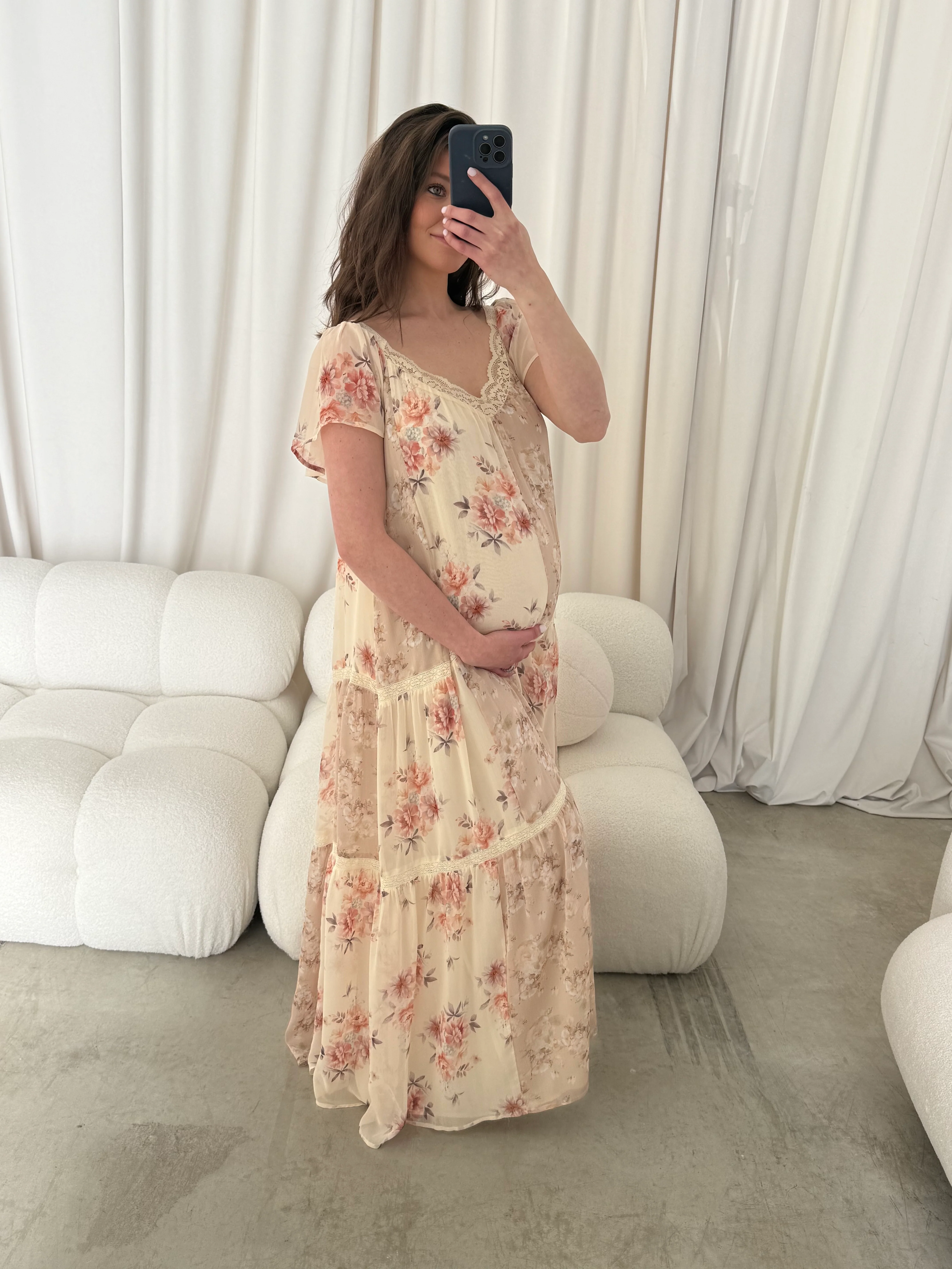 Isabella Floral Lace Trim Maxi Dress in Beige Multi - Bump Friendly - Image 16
