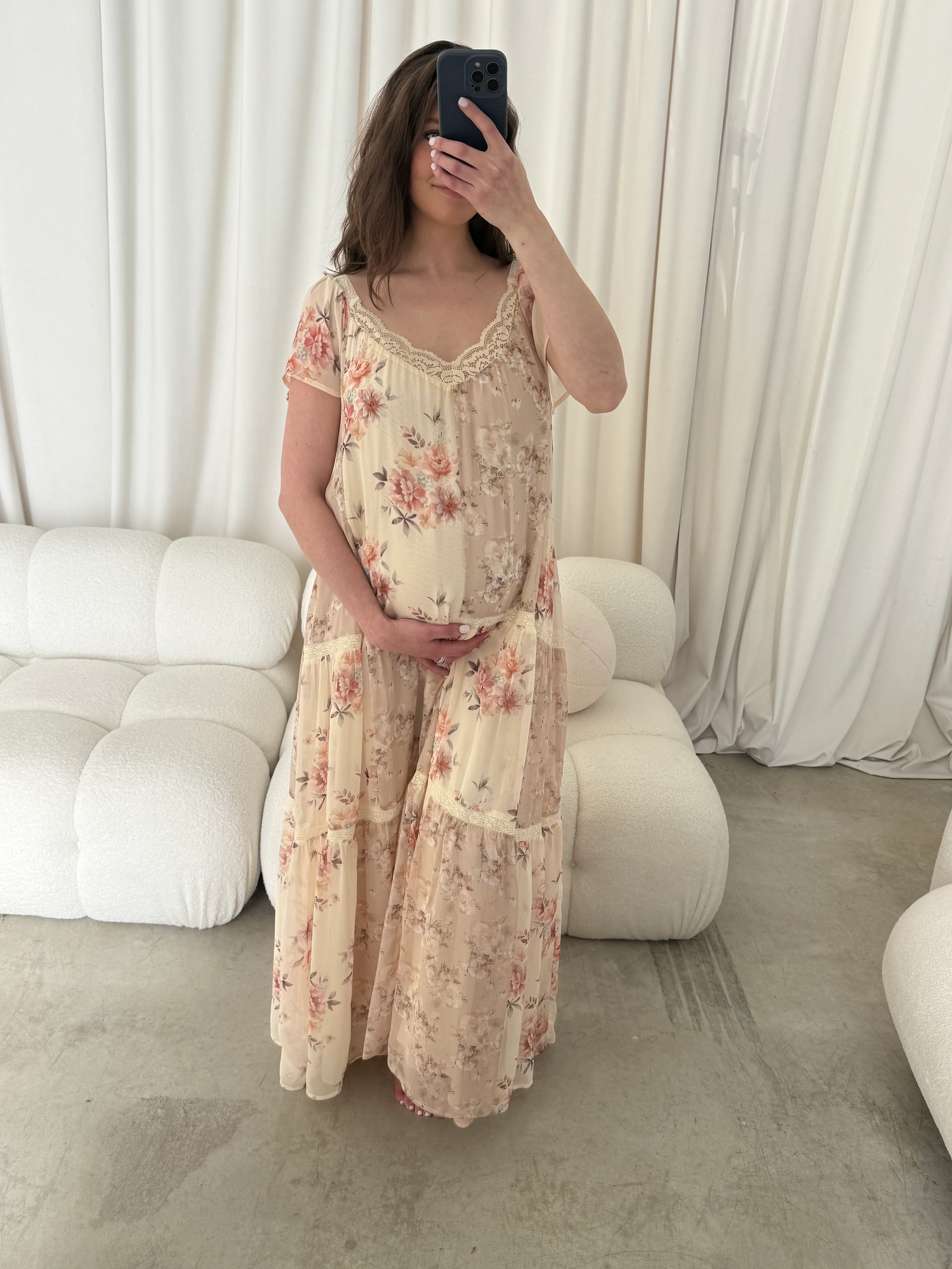 Isabella Floral Lace Trim Maxi Dress in Beige Multi - Bump Friendly - Image 17