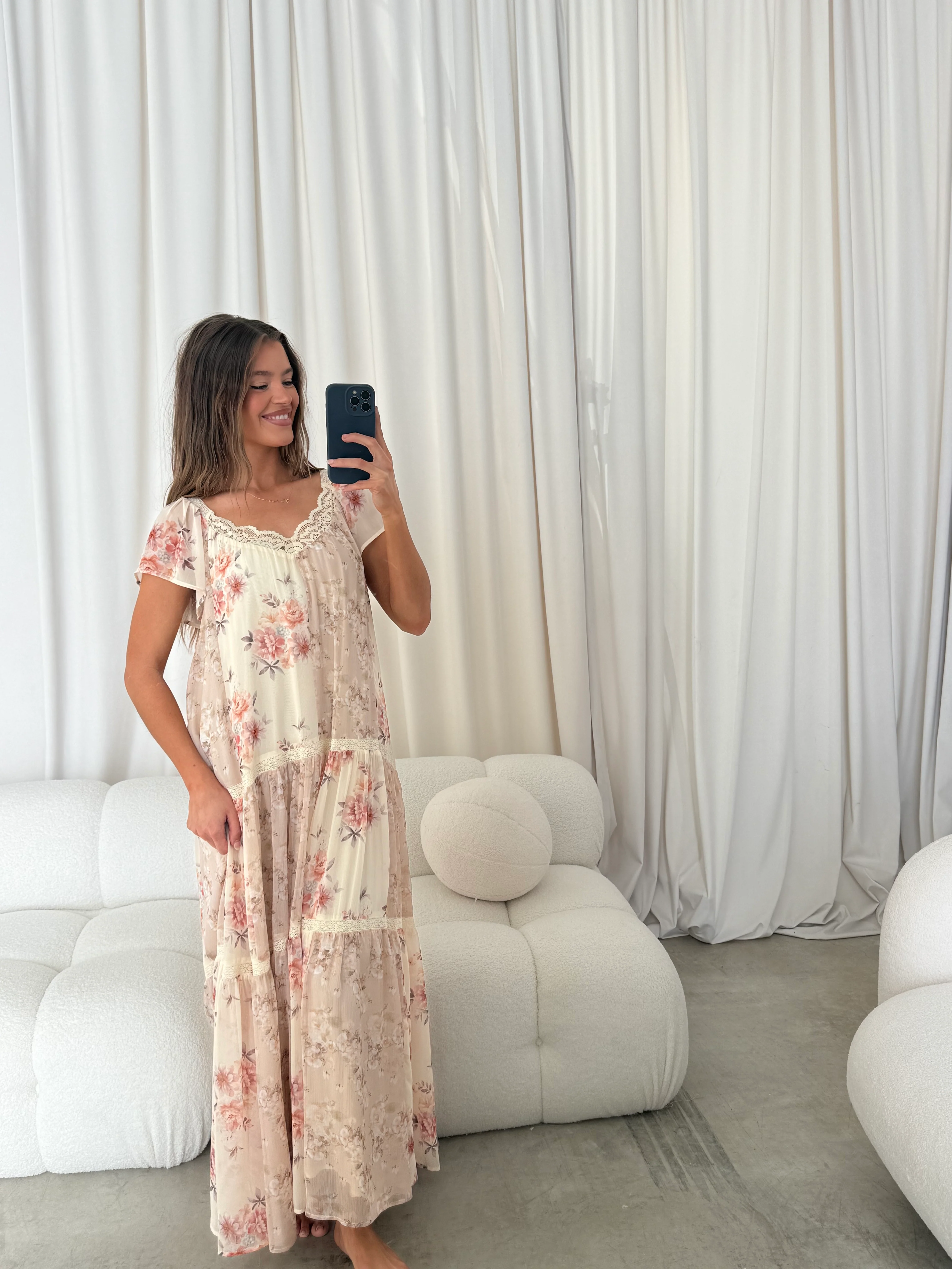 Isabella Floral Lace Trim Maxi Dress in Beige Multi - Bump Friendly - Image 2