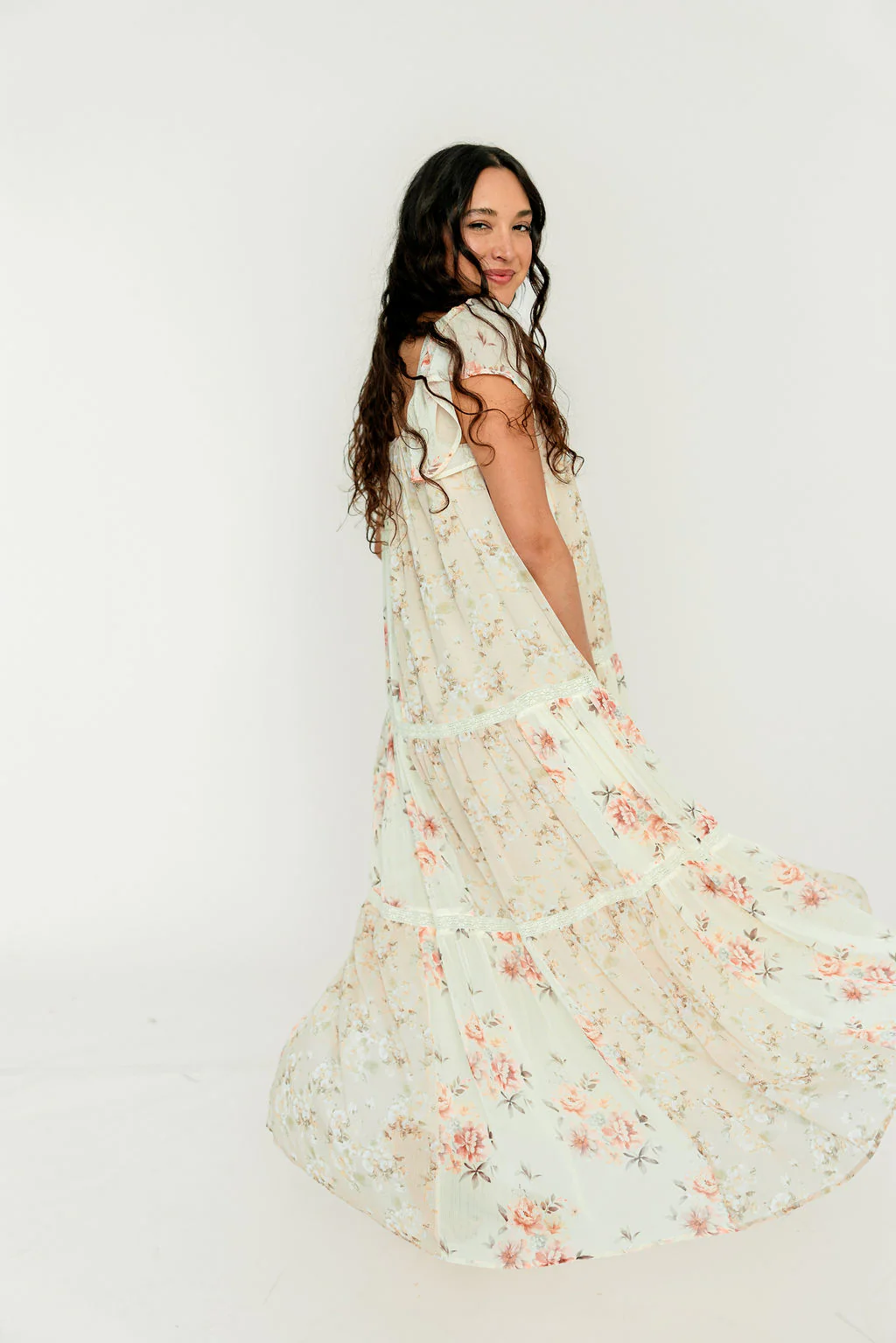 Isabella Floral Lace Trim Maxi Dress in Beige Multi - Bump Friendly - Image 3
