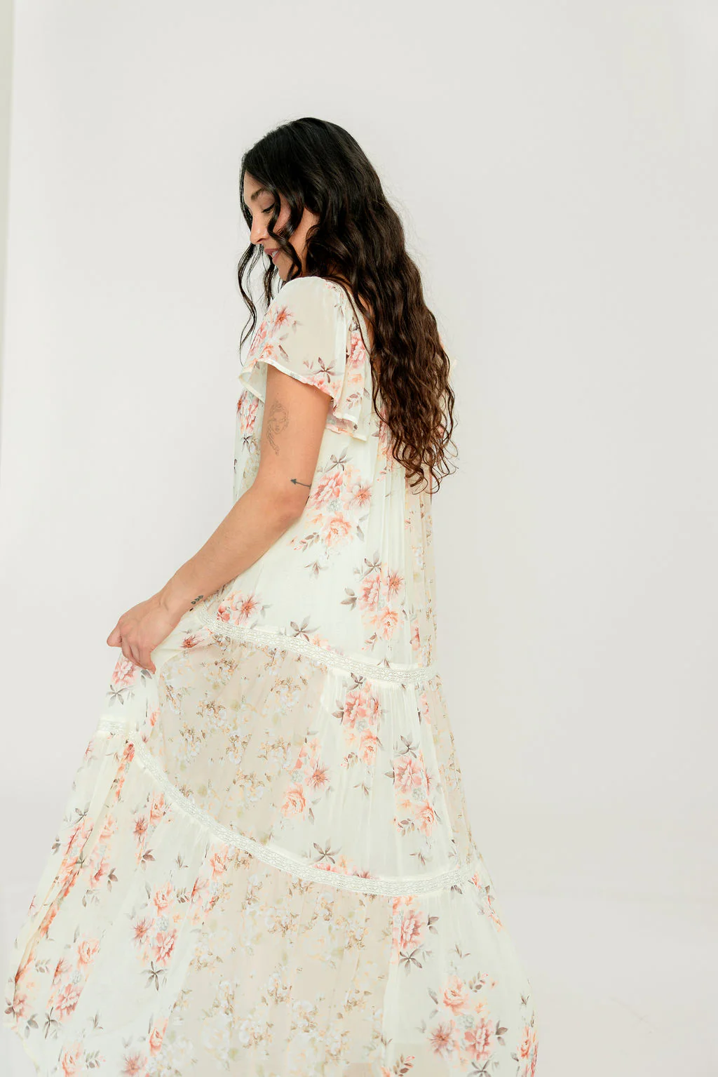 Isabella Floral Lace Trim Maxi Dress in Beige Multi - Bump Friendly - Image 5