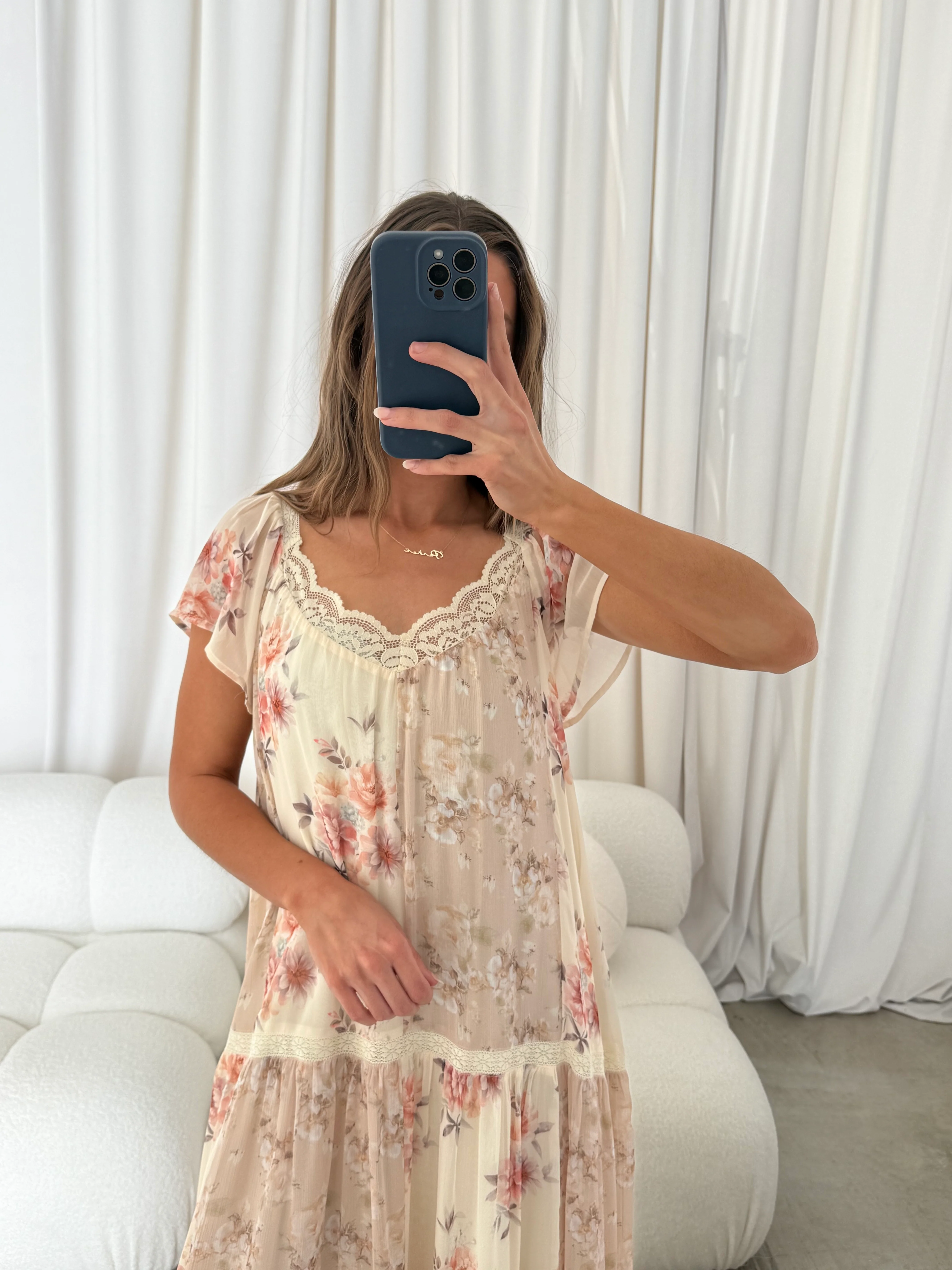 Isabella Floral Lace Trim Maxi Dress in Beige Multi - Bump Friendly - Image 6