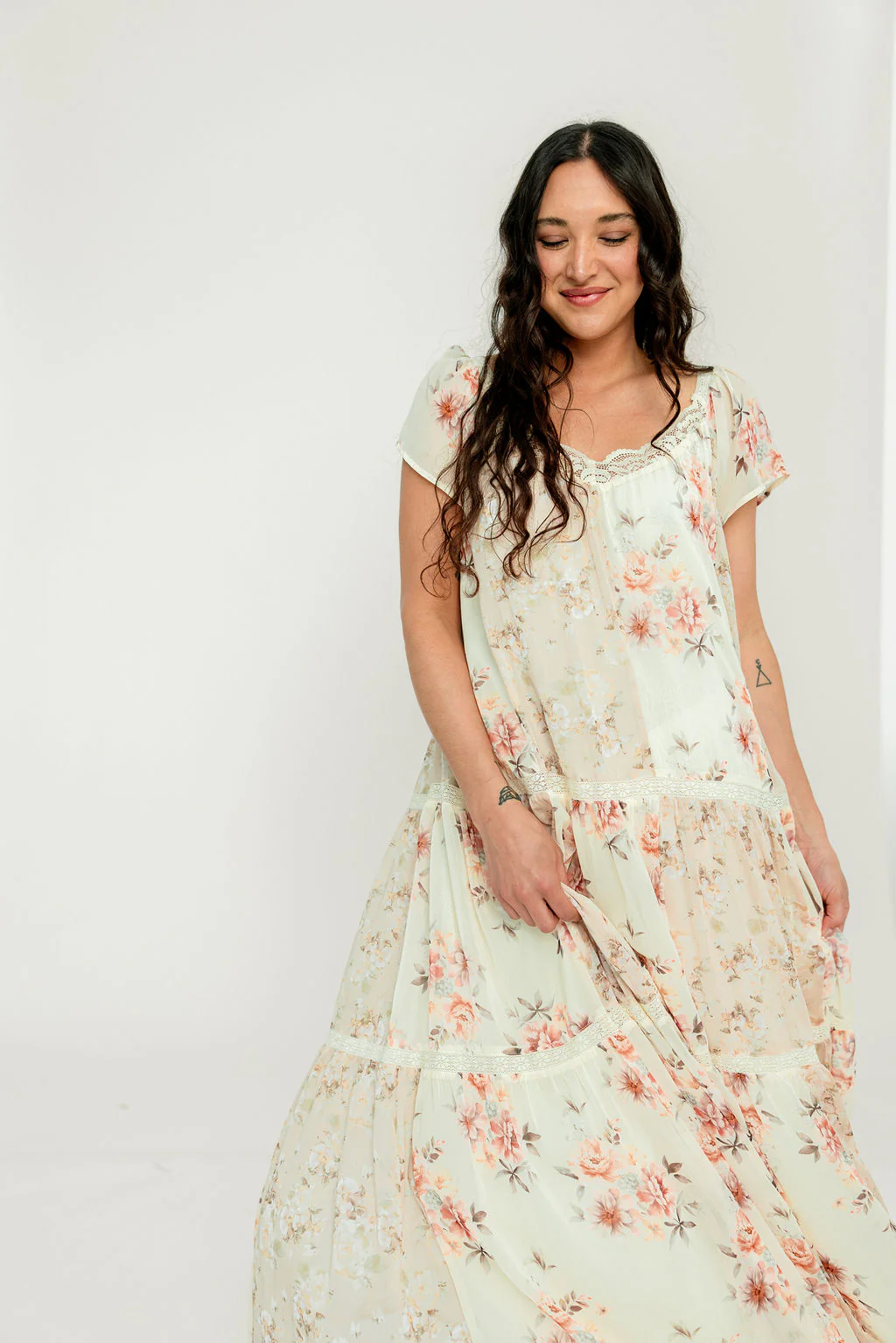 Isabella Floral Lace Trim Maxi Dress in Beige Multi - Bump Friendly - Image 8