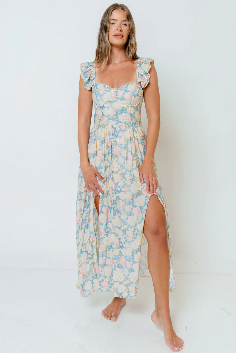 Jackie Shirred Floral Ruffle Strap Maxi Dress in Blue Floral - Image 2