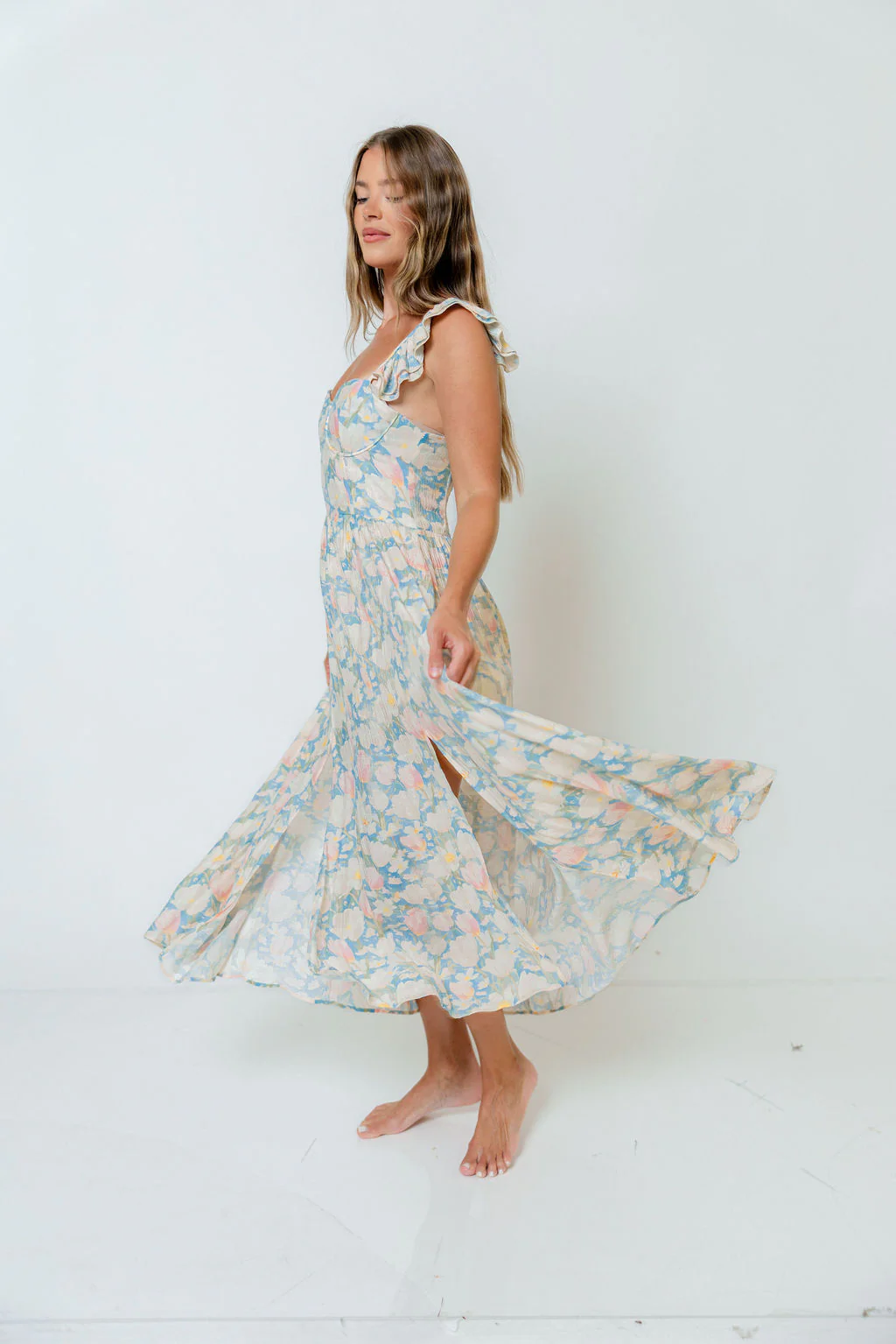 Jackie Shirred Floral Ruffle Strap Maxi Dress in Blue Floral - Image 4