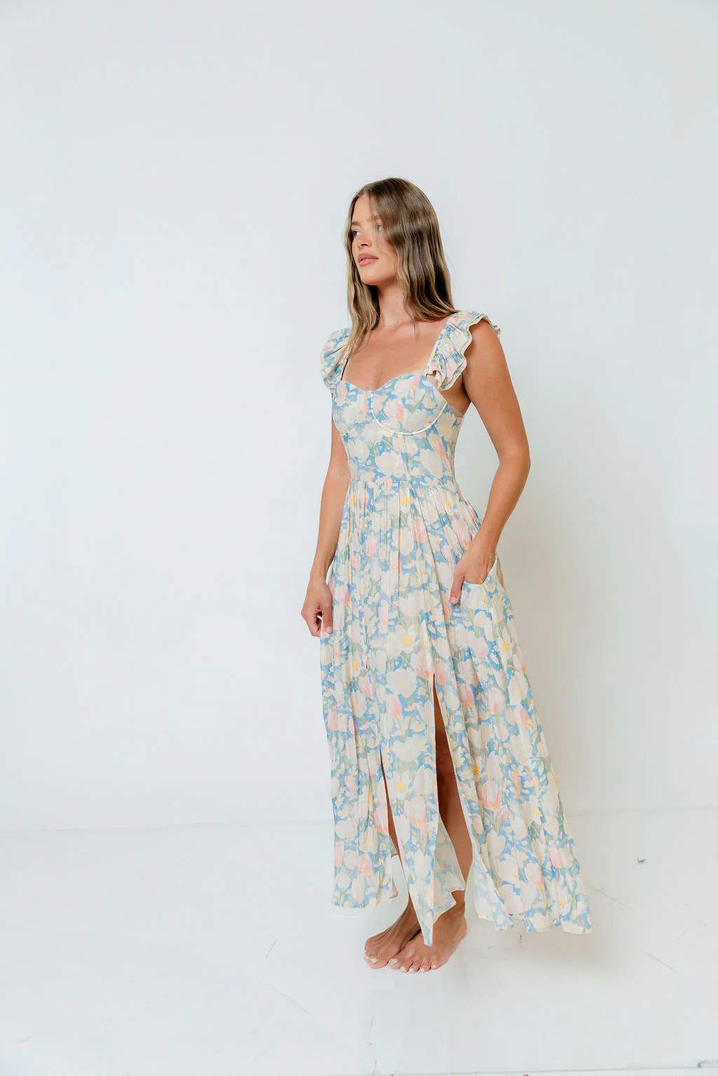 Jackie Shirred Floral Ruffle Strap Maxi Dress in Blue Floral - Image 5