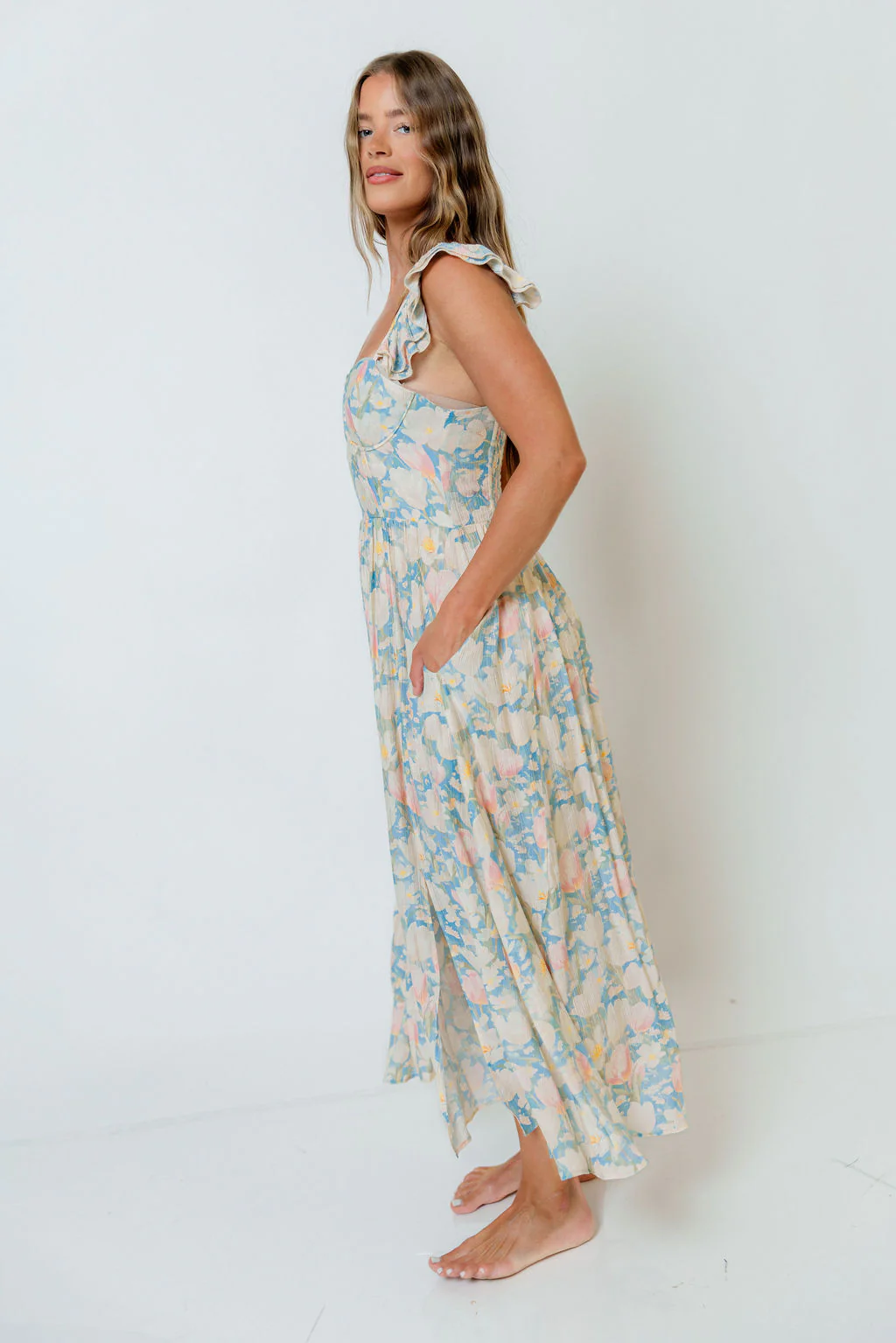 Jackie Shirred Floral Ruffle Strap Maxi Dress in Blue Floral - Image 6