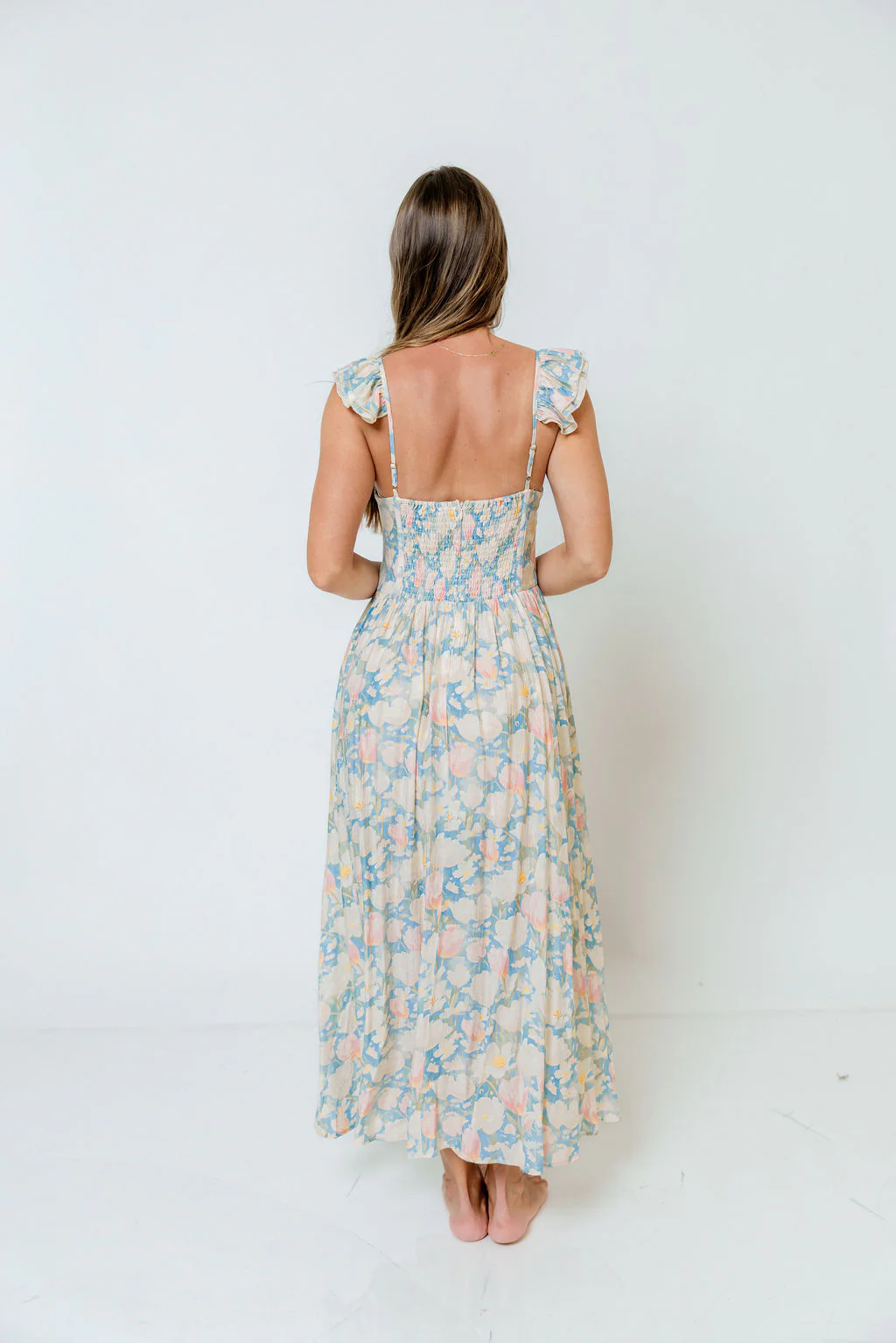 Jackie Shirred Floral Ruffle Strap Maxi Dress in Blue Floral - Image 7