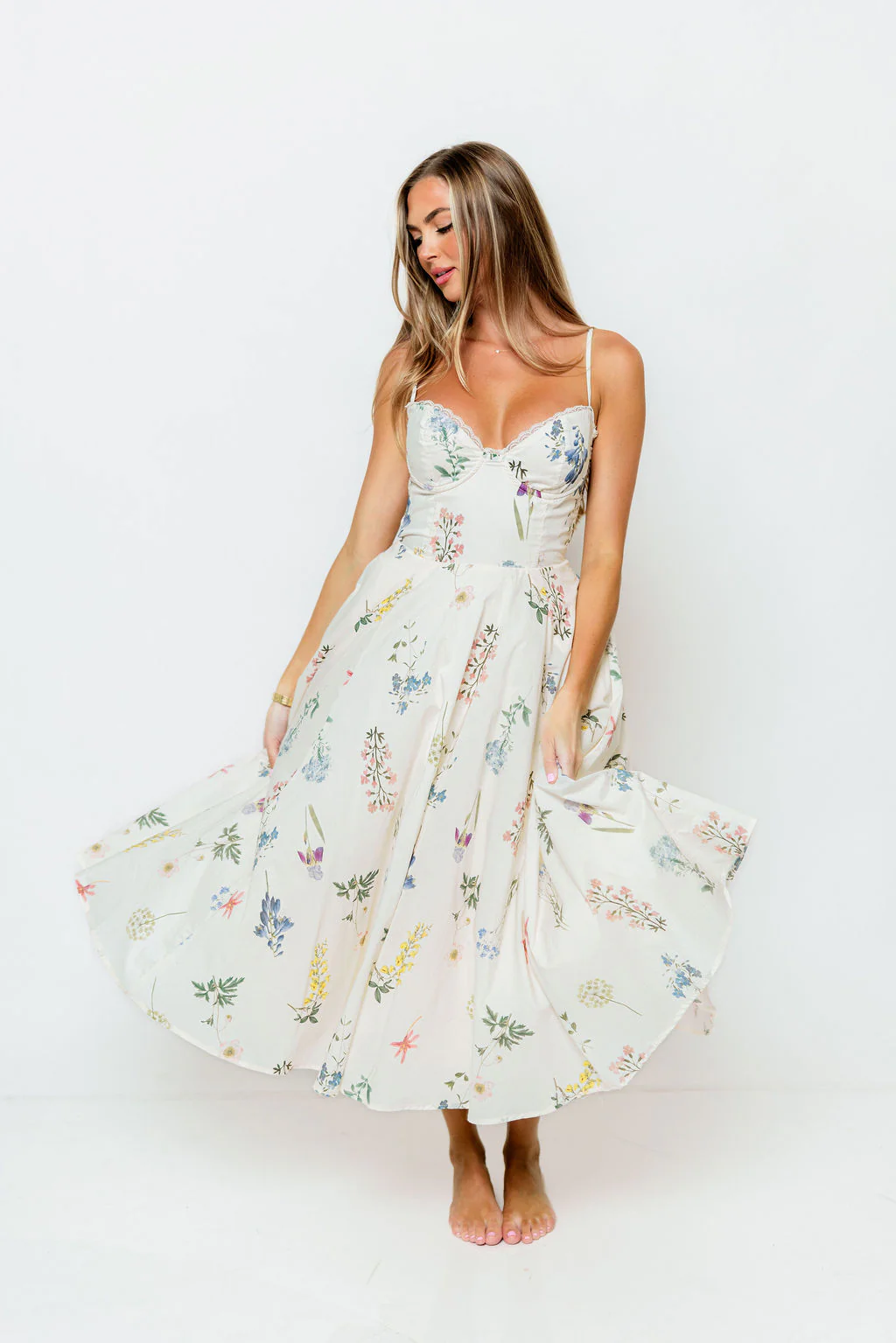 Nadine Floral Strappy Bustier Midi Dress in Cream