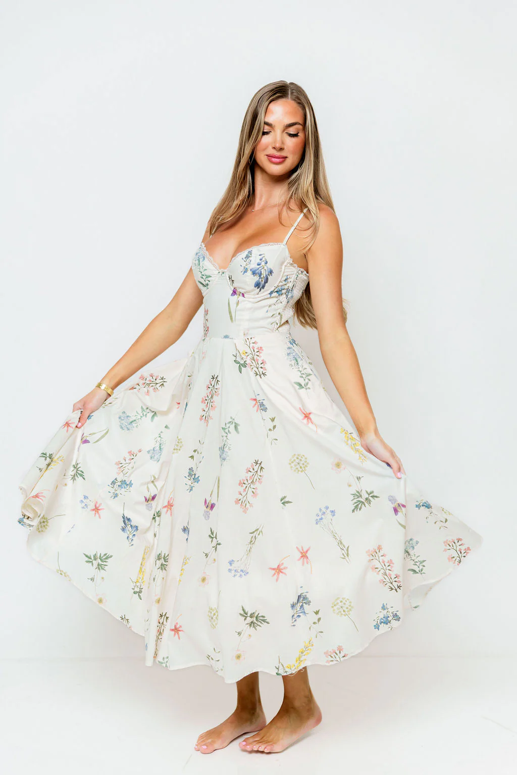 Nadine Floral Strappy Bustier Midi Dress in Cream - Image 3