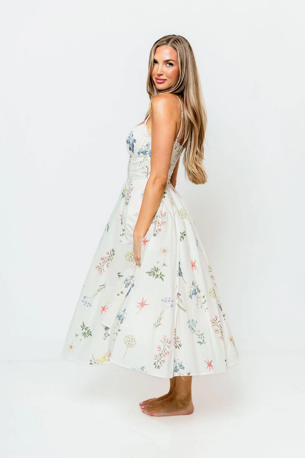 Nadine Floral Strappy Bustier Midi Dress in Cream - Image 4