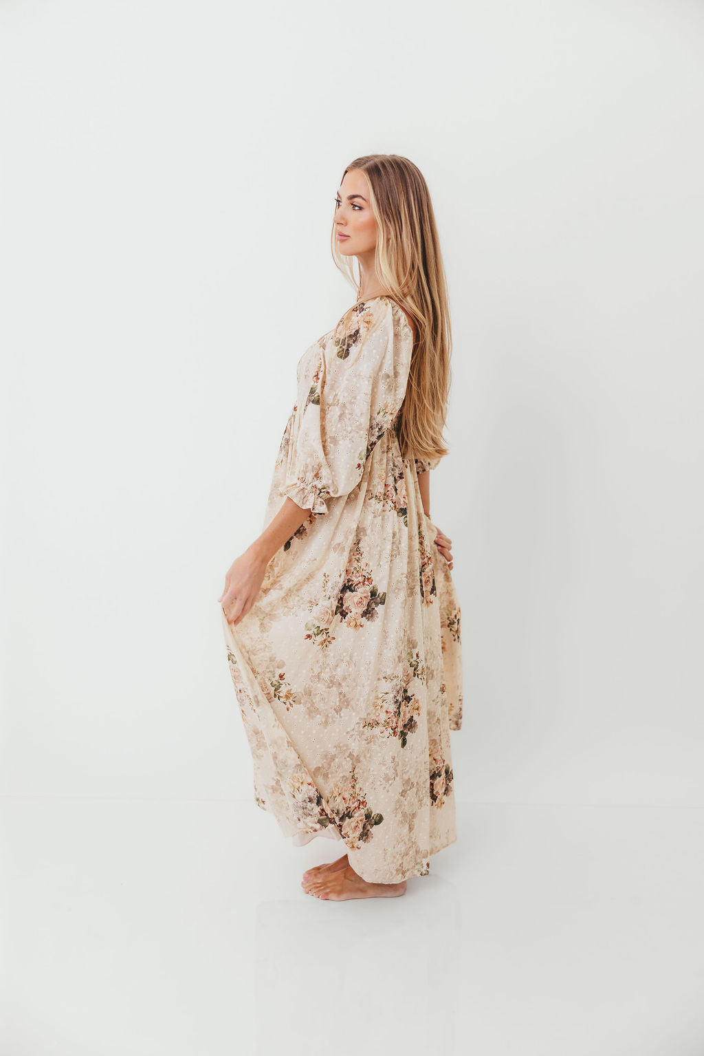 Mona Maxi Dress with Smocking in Cream/Beige Floral - Bump Friendly - Image 10