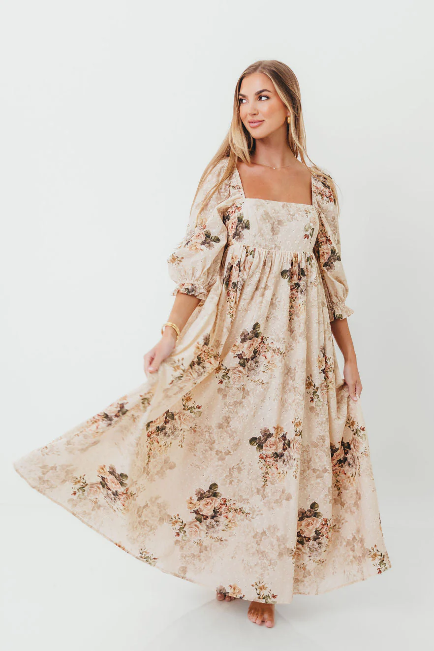 Mona Maxi Dress with Smocking in Cream/Beige Floral - Bump Friendly - Image 2