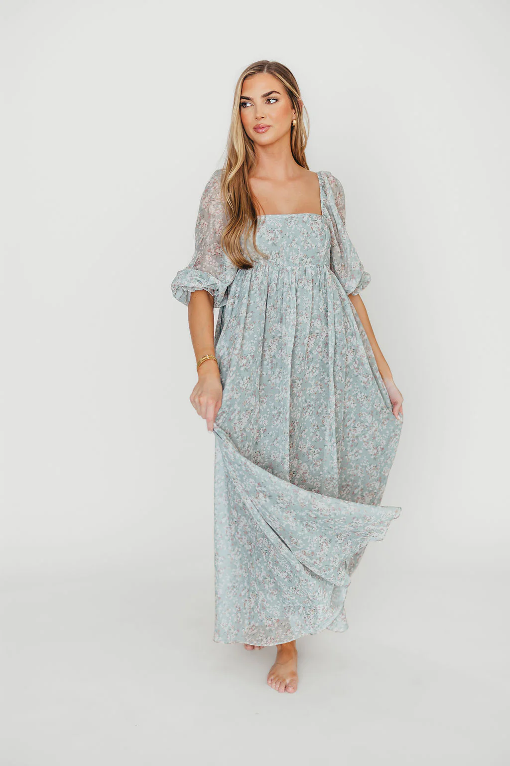 Mona Maxi Dress with Smocking in Sage Green Floral - Bump Friendly - Image 3