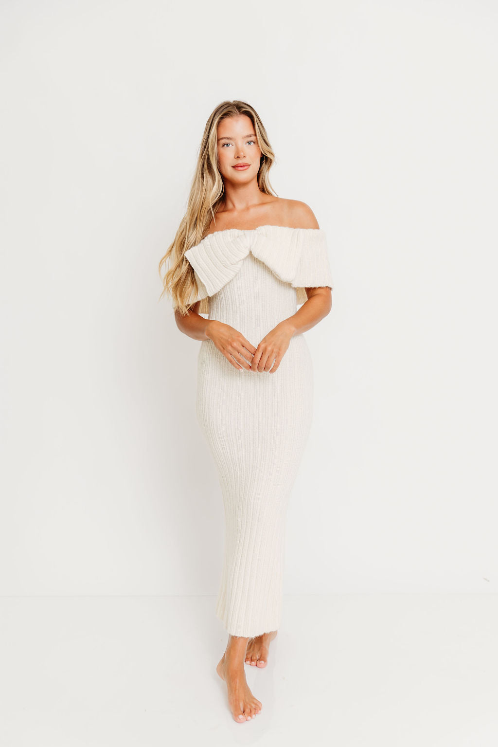 Aston Bow Front Maxi Sweater Dress in Ivory – Bump Friendly & Inclusive Sizing (S-3XL) - Image 9