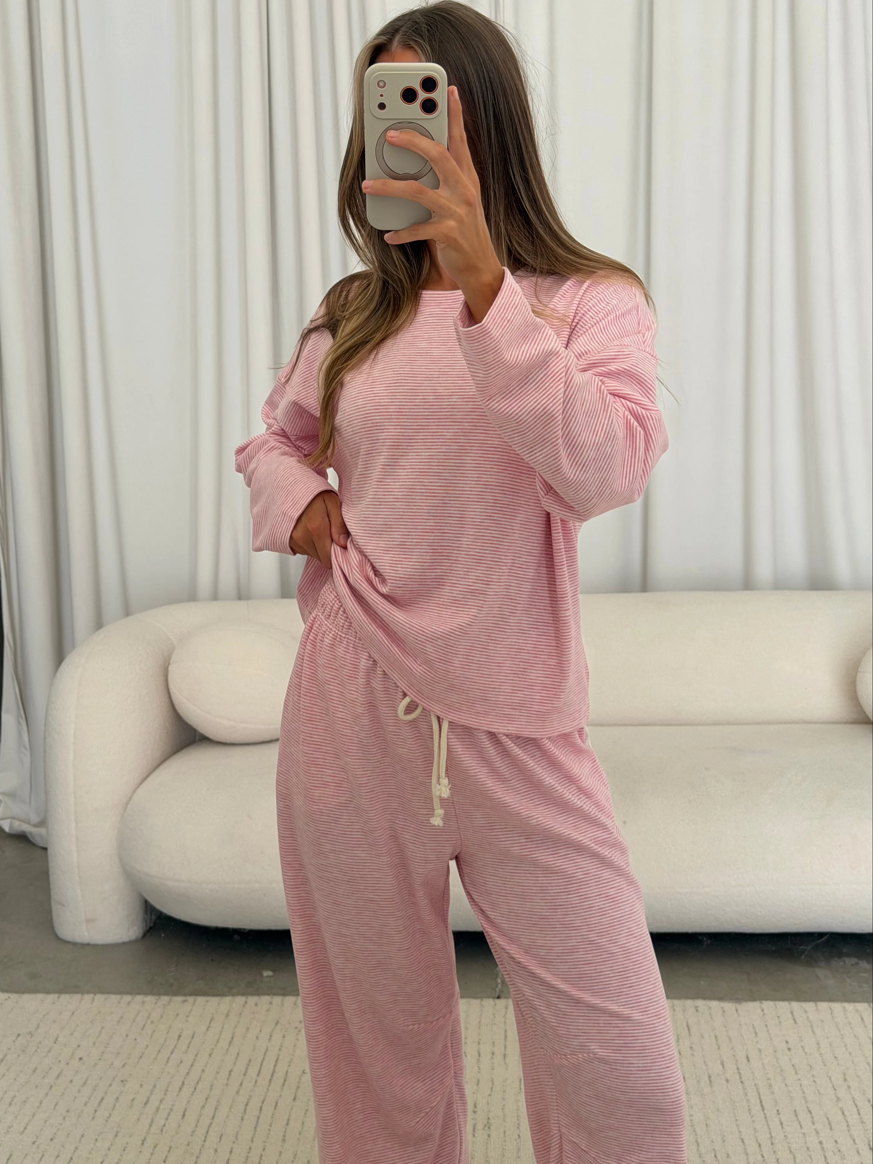 Jen Striped Knit Top and Pants Set in Rose/Cream